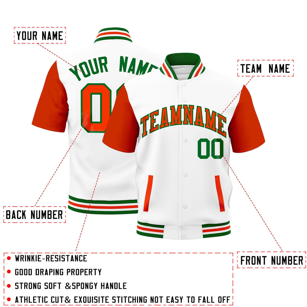 Custom Orange Kelly Green White Full-Snap Classic Style Jacket| KXKSHOP