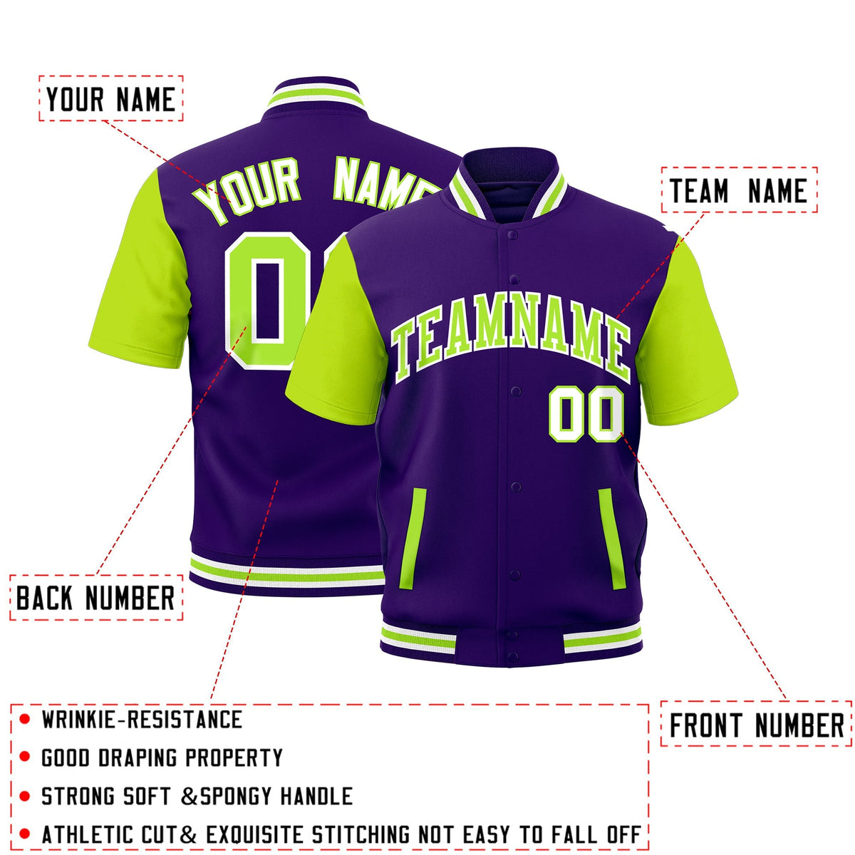 Custom Neon Green Purple White Full-Snap Classic Style Jacket| KXKSHOP