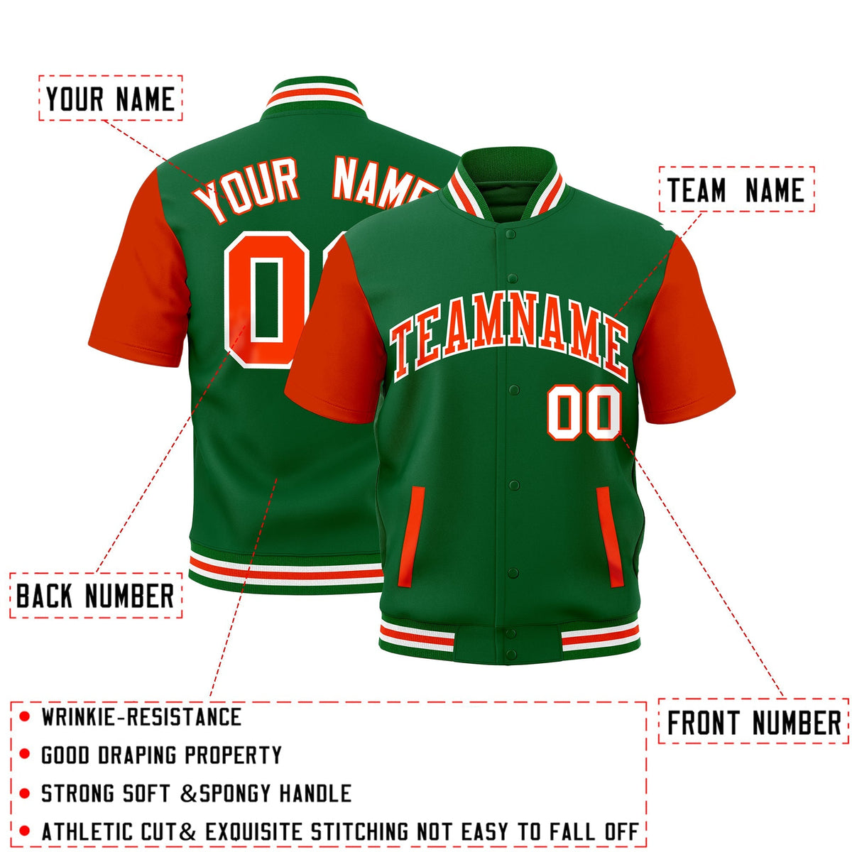 Custom Orange Kelly Green White Full-Snap Classic Style Jacket| KXKSHOP