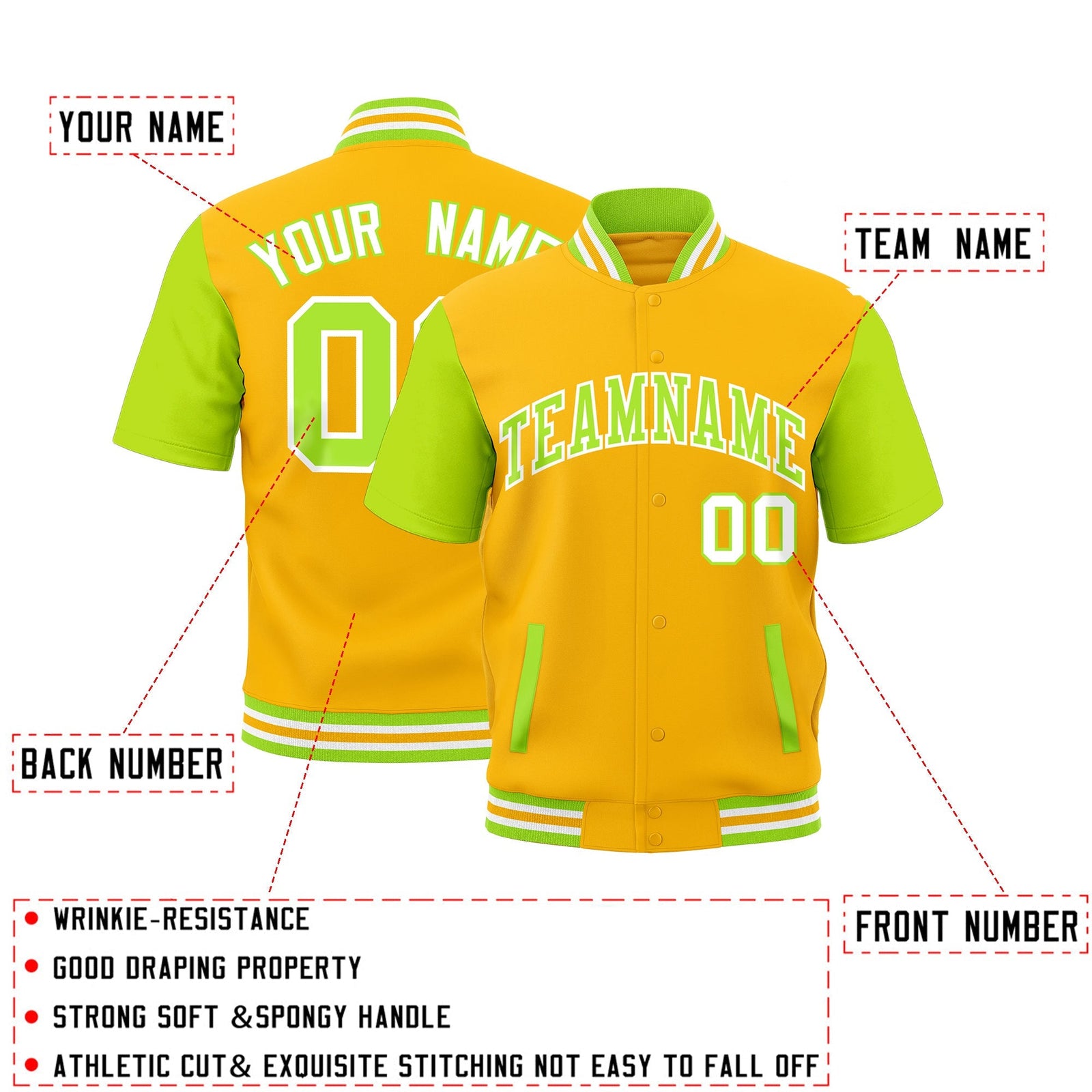 Custom Neon Green White Gold Full-Snap Classic Style Jacket| KXKSHOP