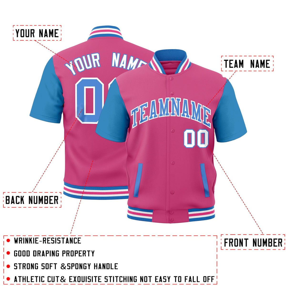 Custom Powder Blue White Pink Full-Snap Classic Style Jacket| KXKSHOP