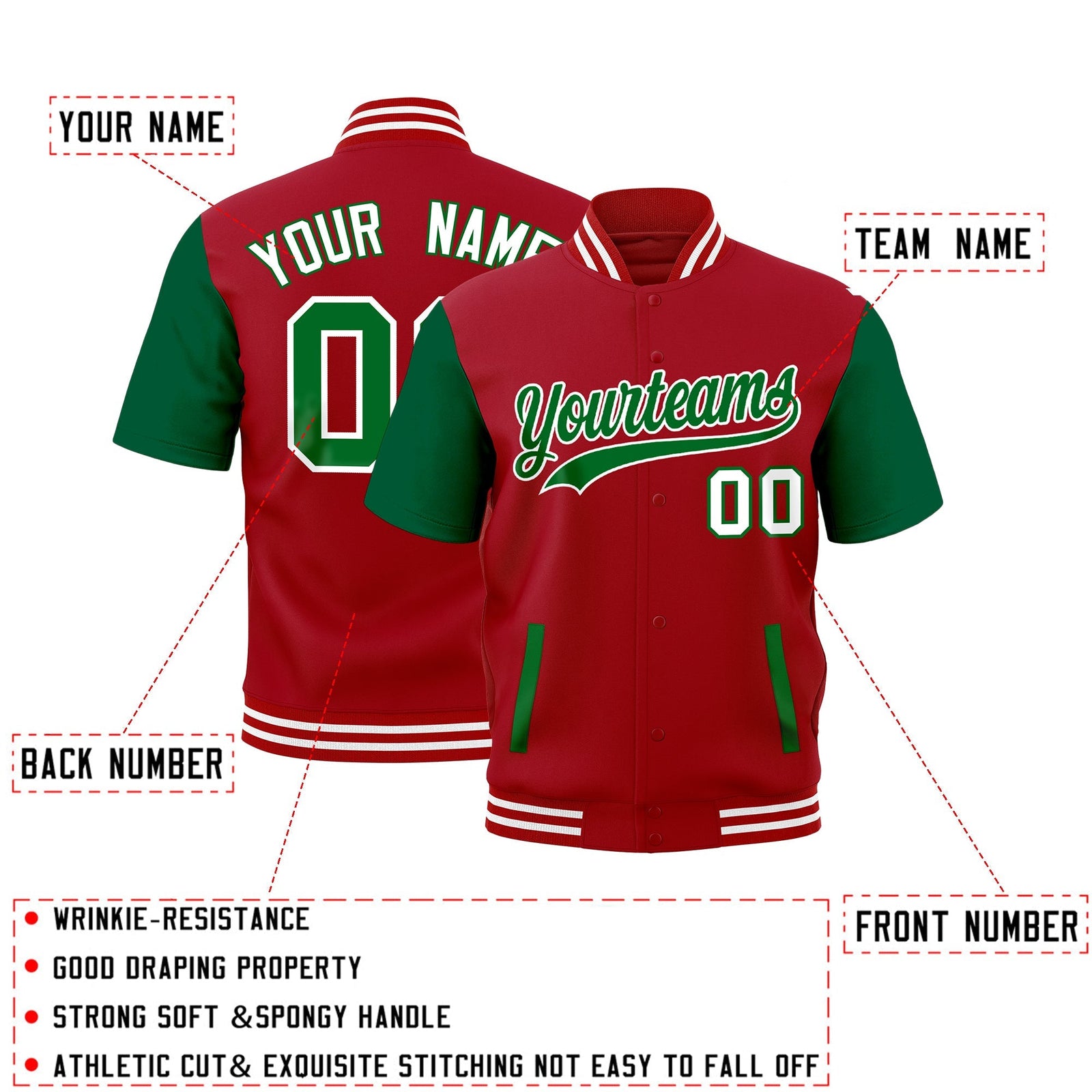 Custom Kelly Green Red Full-Snap Classic Style Jacket| KXKSHOP