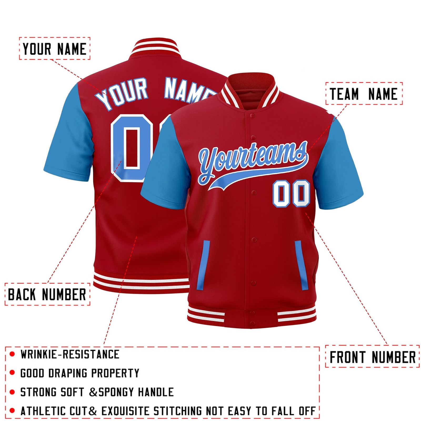 Custom Powder Blue Red Full-Snap Classic Style Jacket| KXKSHOP