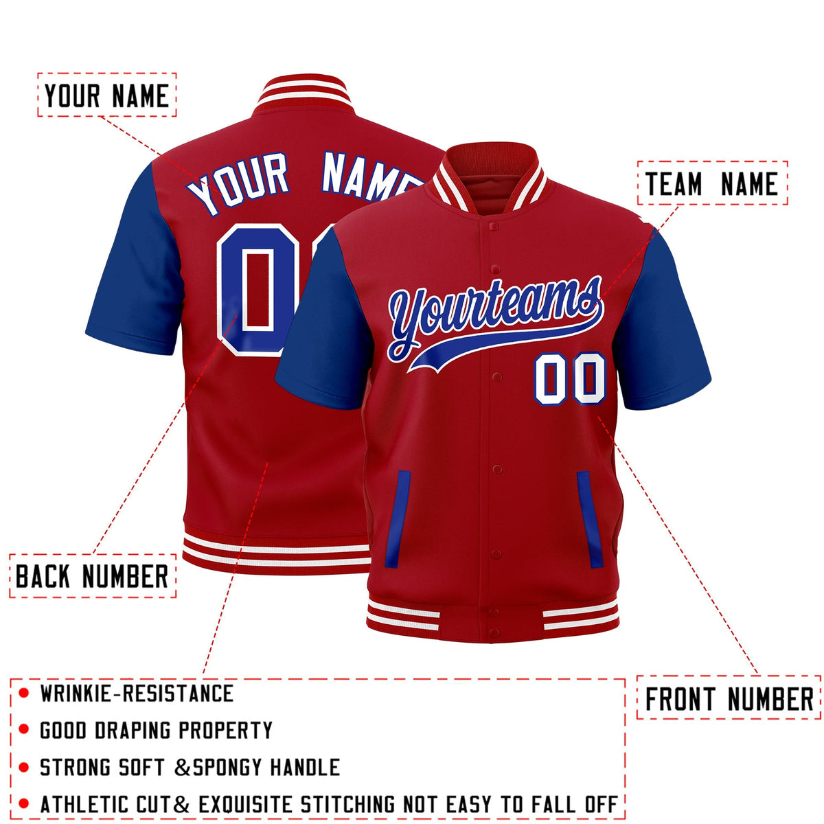 Custom Royal Blue Red White Full-Snap Classic Style Jacket| KXKSHOP