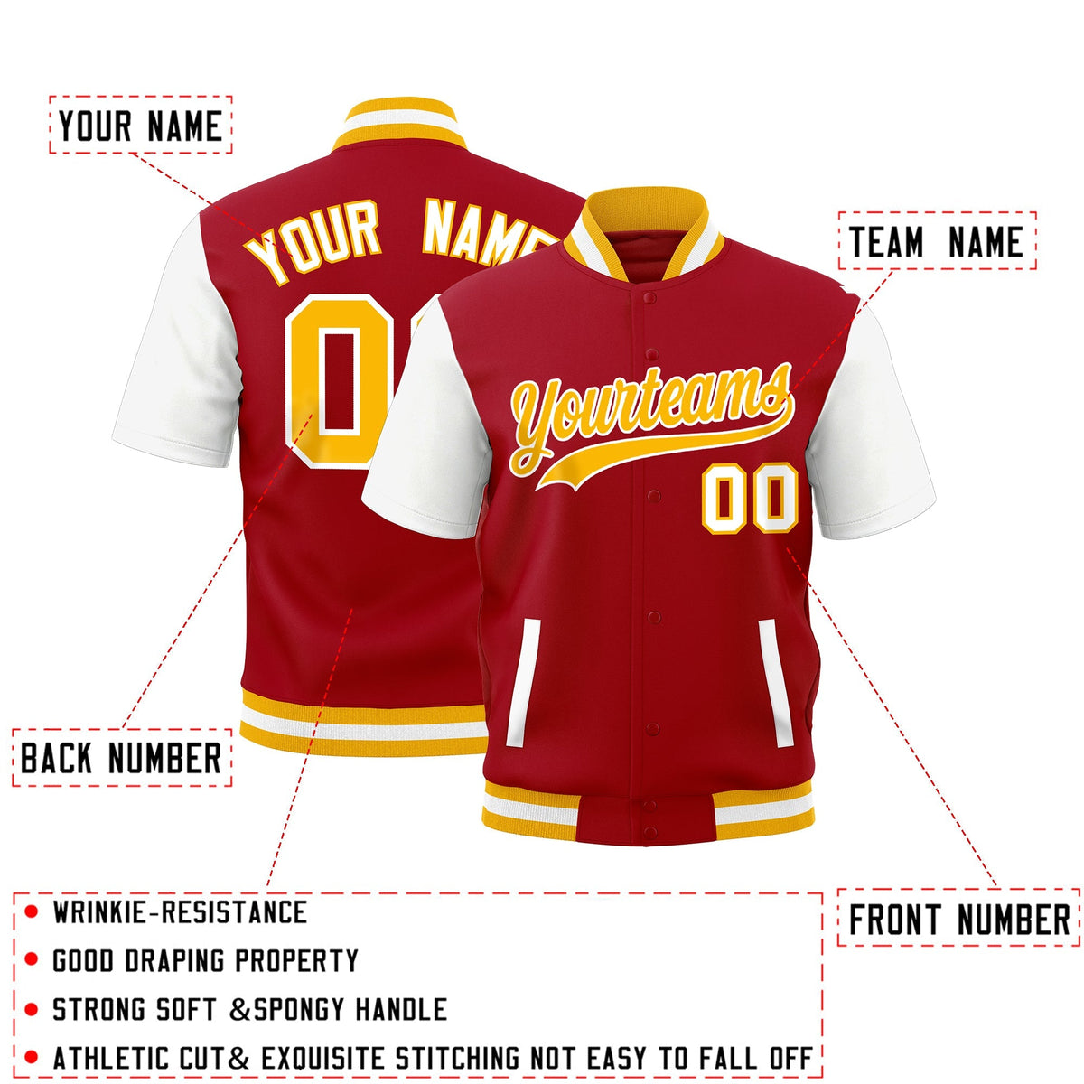 Custom Red White Gold Full-Snap Classic Style Jacket| KXKSHOP