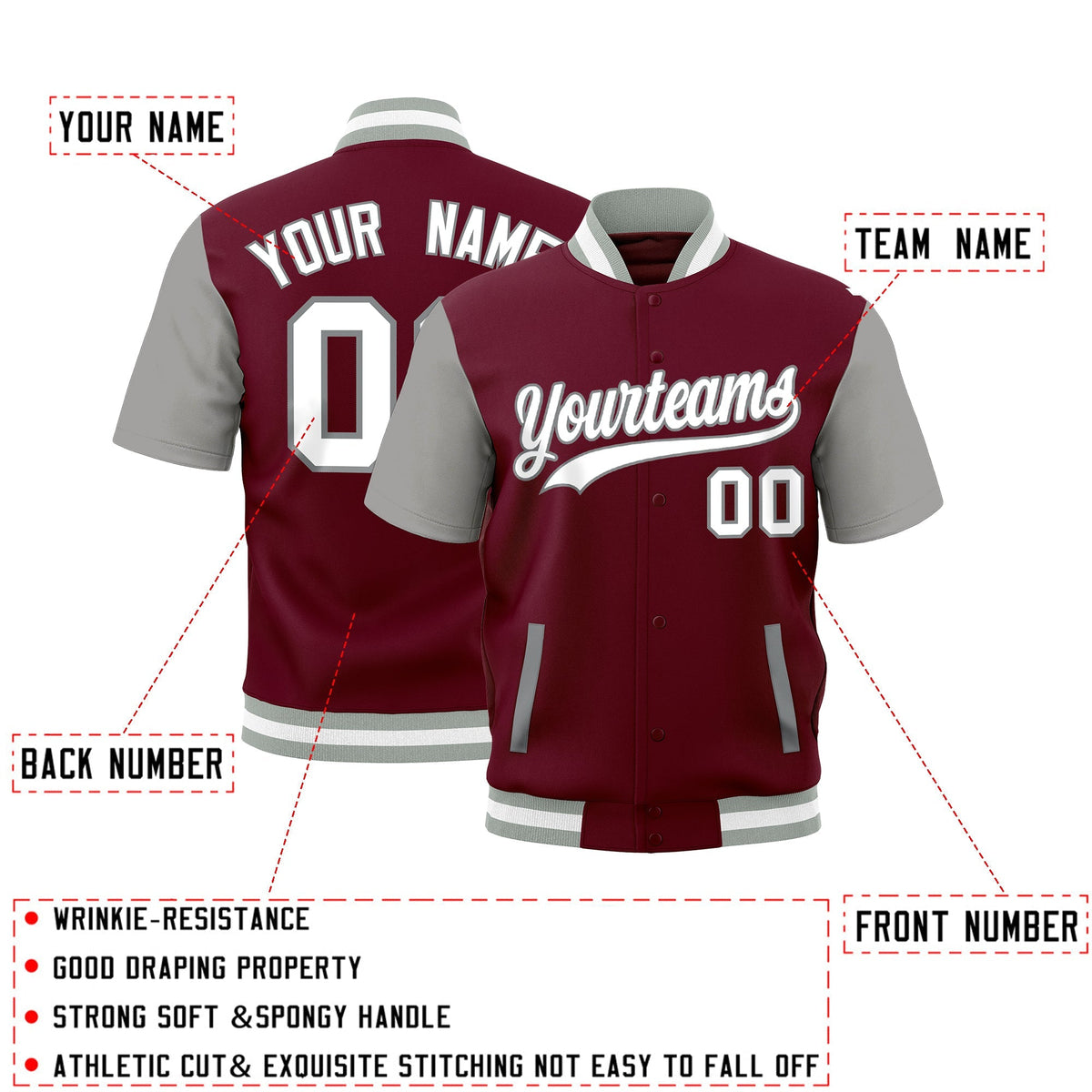 Custom Crimson Gray White Full-Snap Classic Style Jacket| KXKSHOP