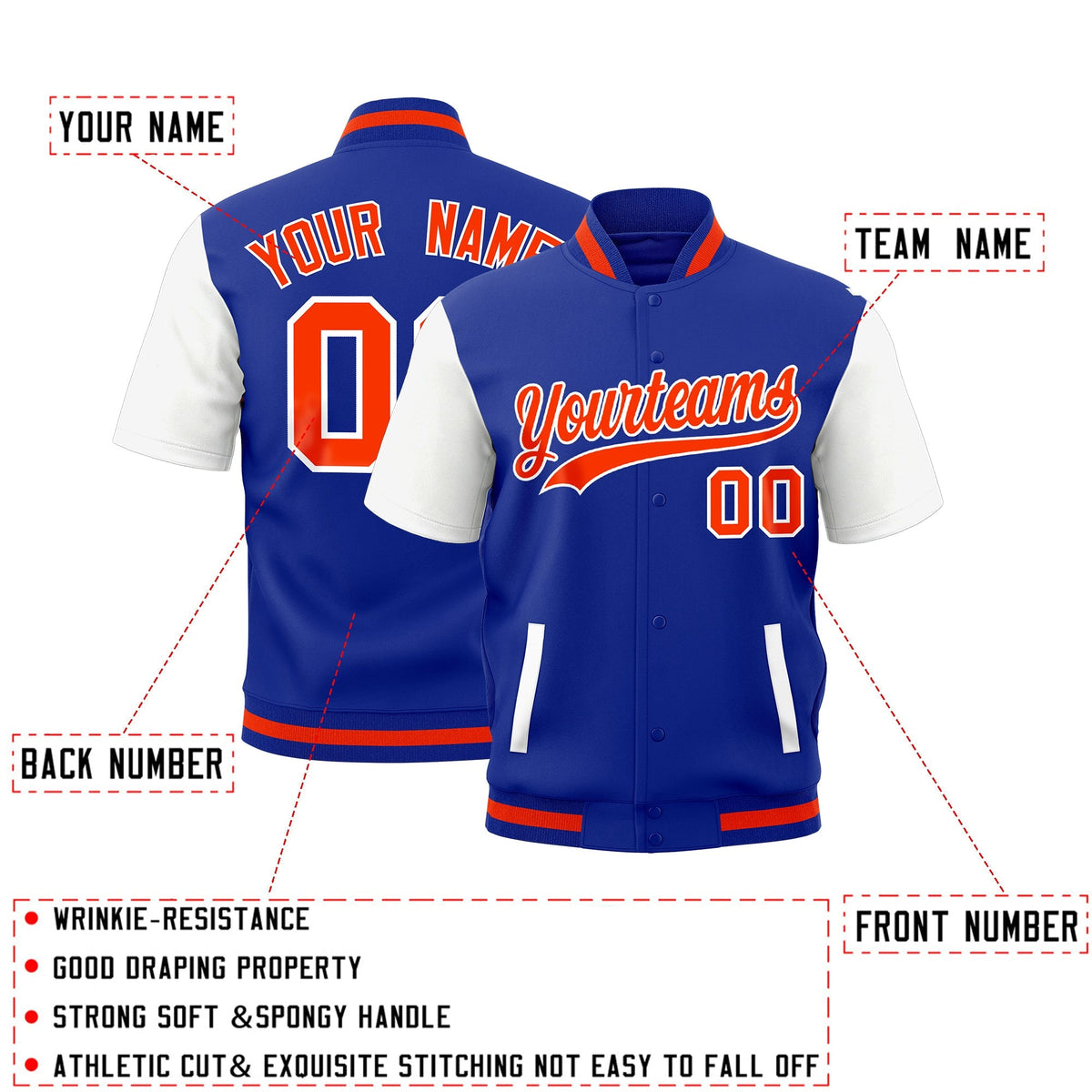 Custom White Royal Blue Orange Full-Snap Classic Style Jacket| KXKSHOP