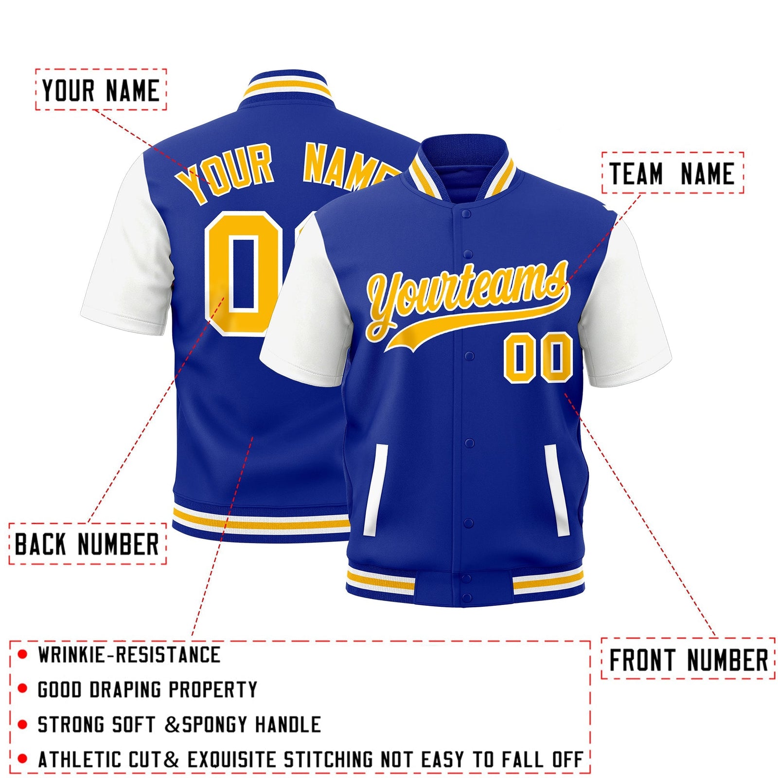 Custom White Royal Blue Gold Full-Snap Classic Style Jacket| KXKSHOP
