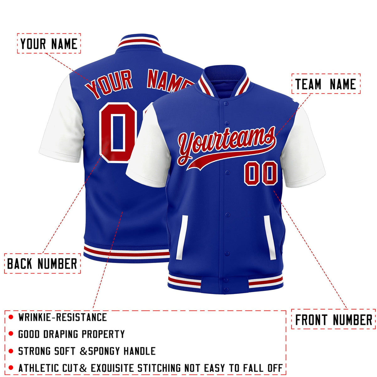 Custom White Royal Blue Red Full-Snap Classic Style Jacket| KXKSHOP
