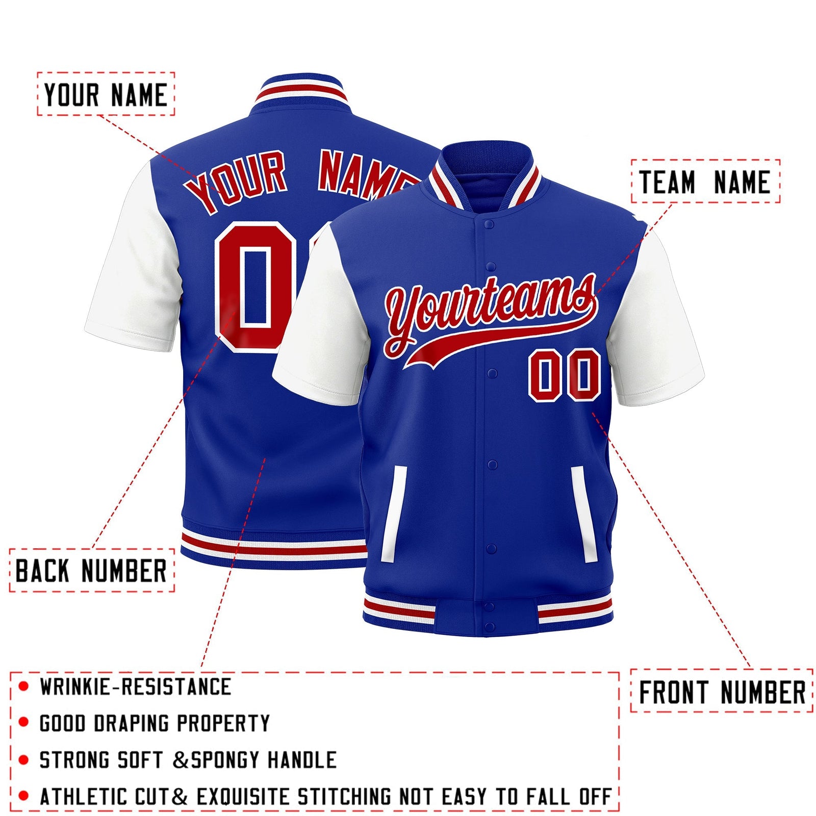 Custom White Royal Blue Red Full-Snap Classic Style Jacket| KXKSHOP