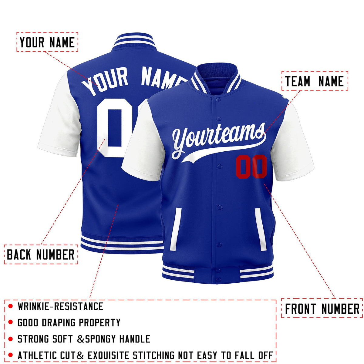 Custom White Royal Blue Full-Snap Classic Style Jacket| KXKSHOP