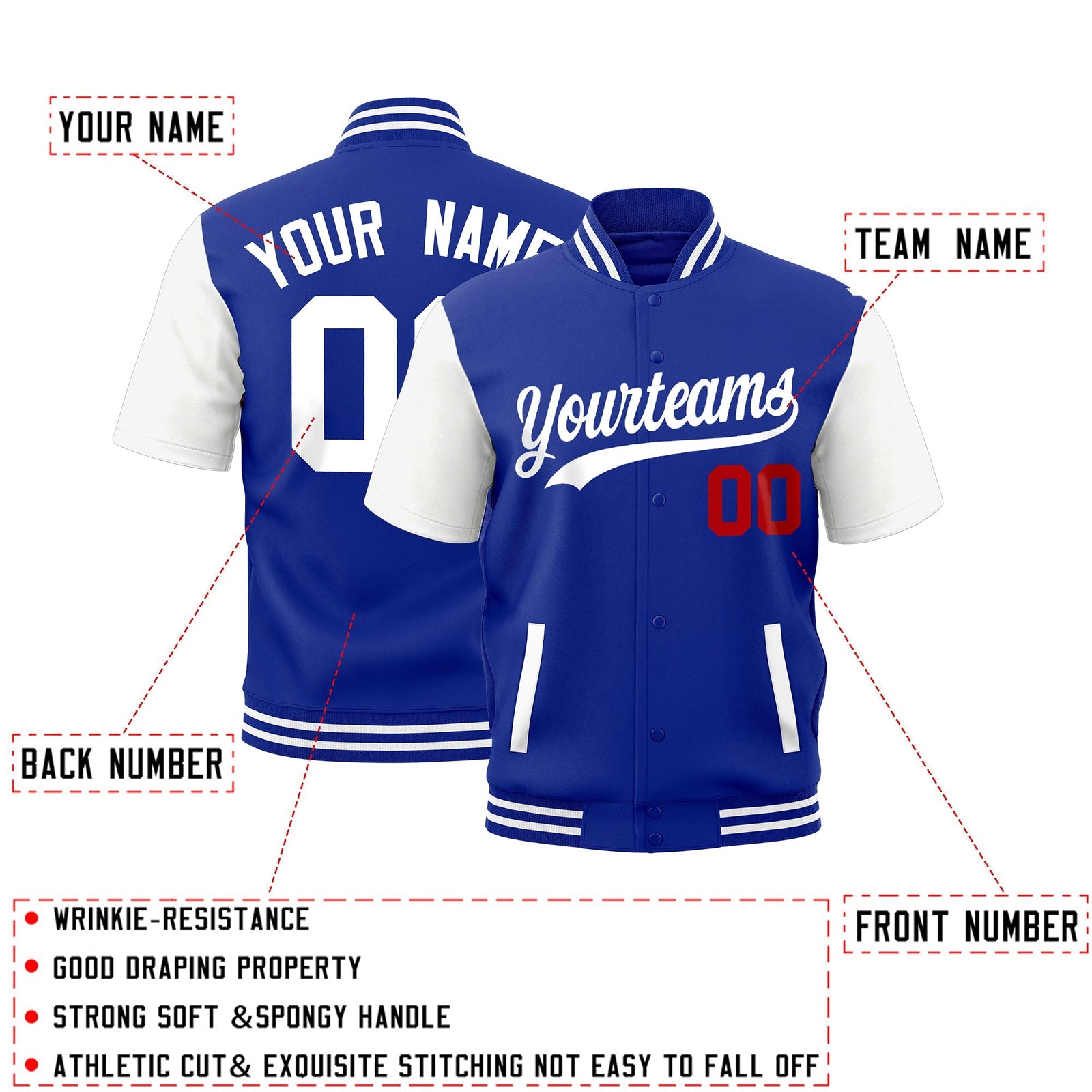 Custom White Royal Blue Full-Snap Classic Style Jacket| KXKSHOP