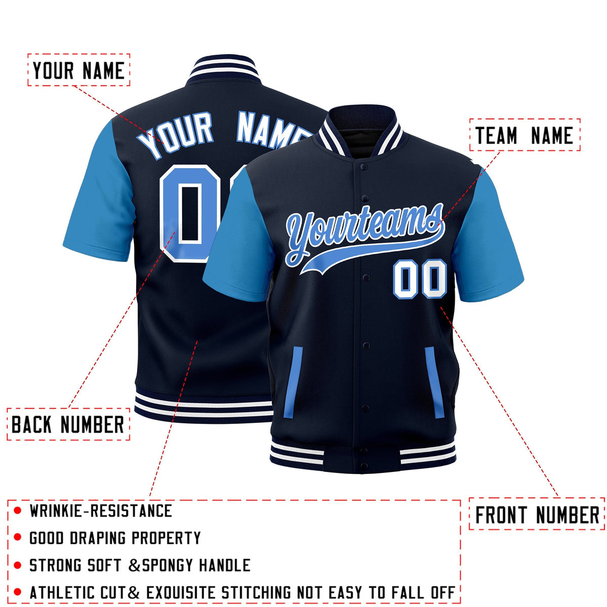 Custom Powder Blue Navy White Full-Snap Classic Style Jacket| KXKSHOP