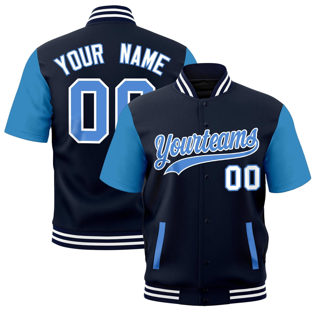 Custom Powder Blue Navy White Full-Snap Classic Style Jacket| KXKSHOP