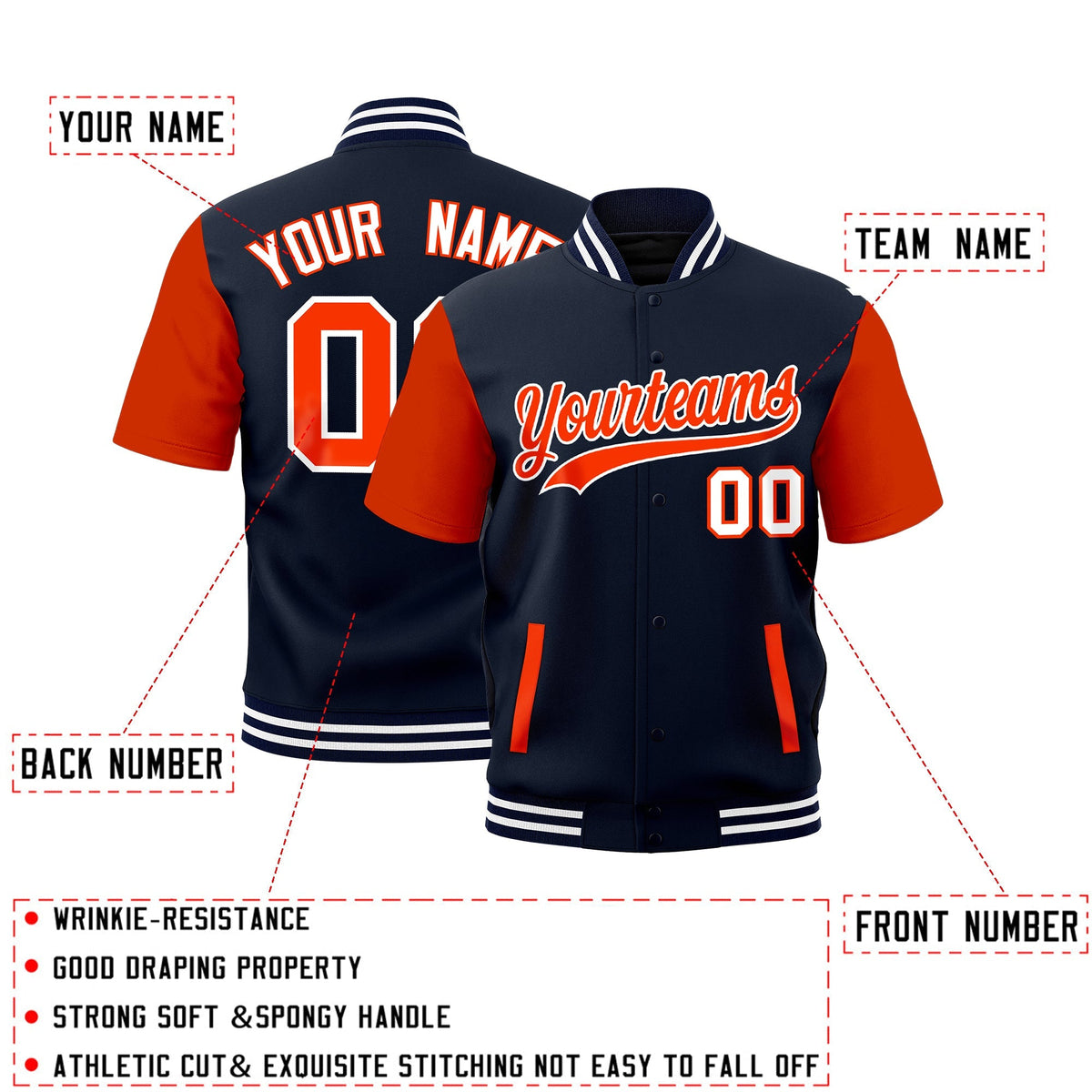 Custom Orange Navy White Full-Snap Classic Style Jacket| KXKSHOP