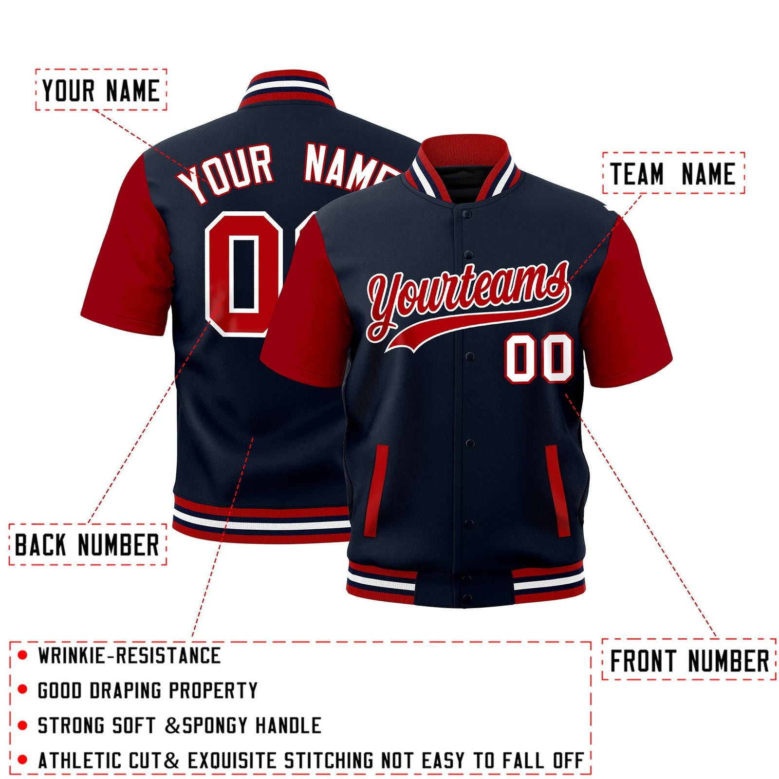 Custom Red Navy White Full-Snap Classic Style Jacket| KXKSHOP