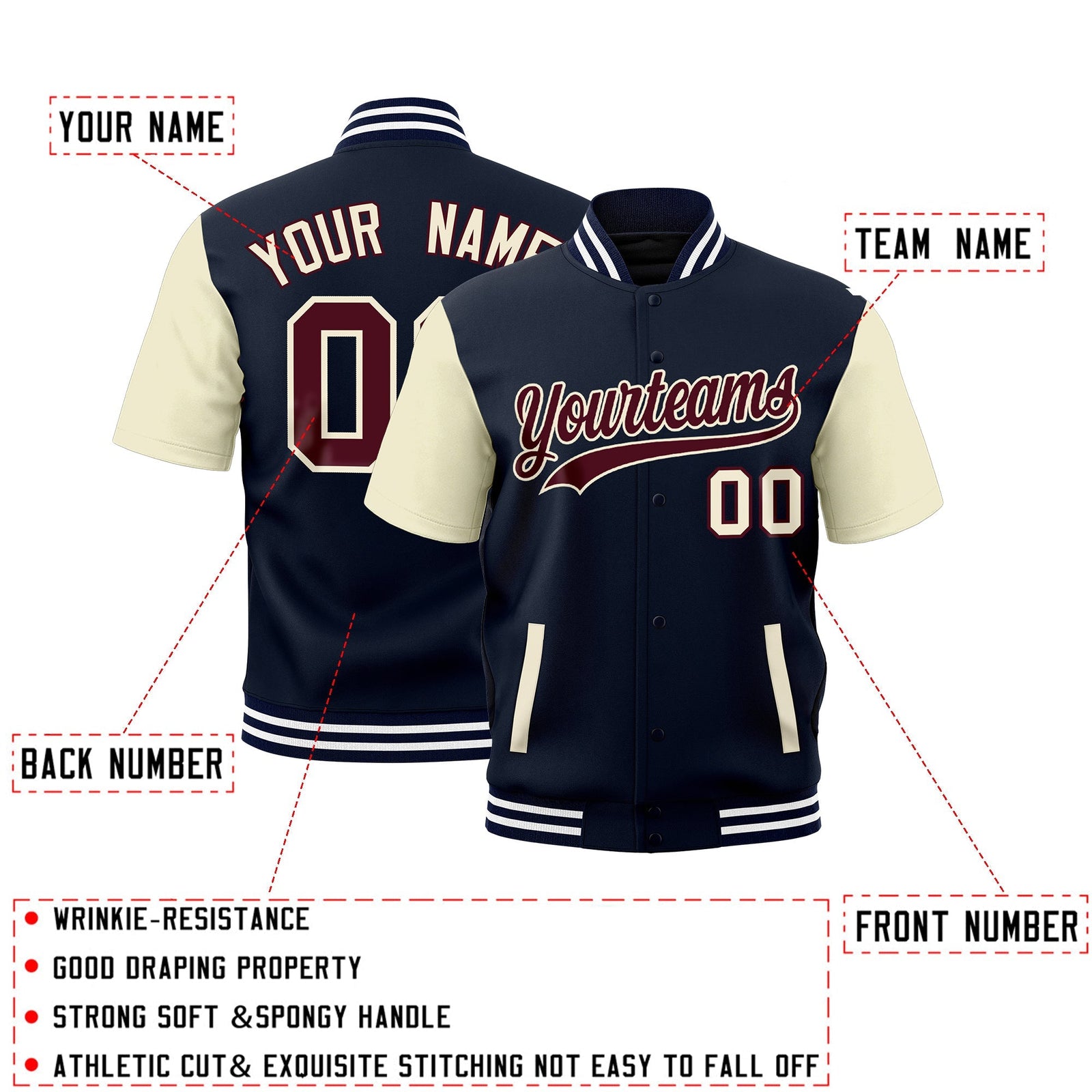 Custom Cream Navy White Full-Snap Classic Style Jacket| KXKSHOP