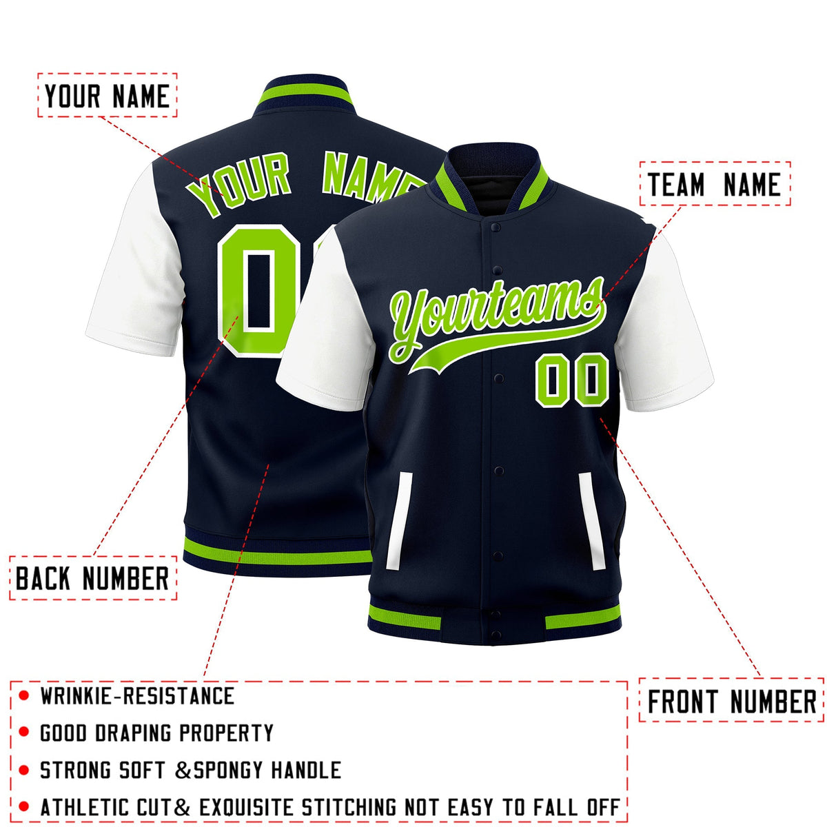 Custom White Navy Neon Green Full-Snap Classic Style Jacket| KXKSHOP