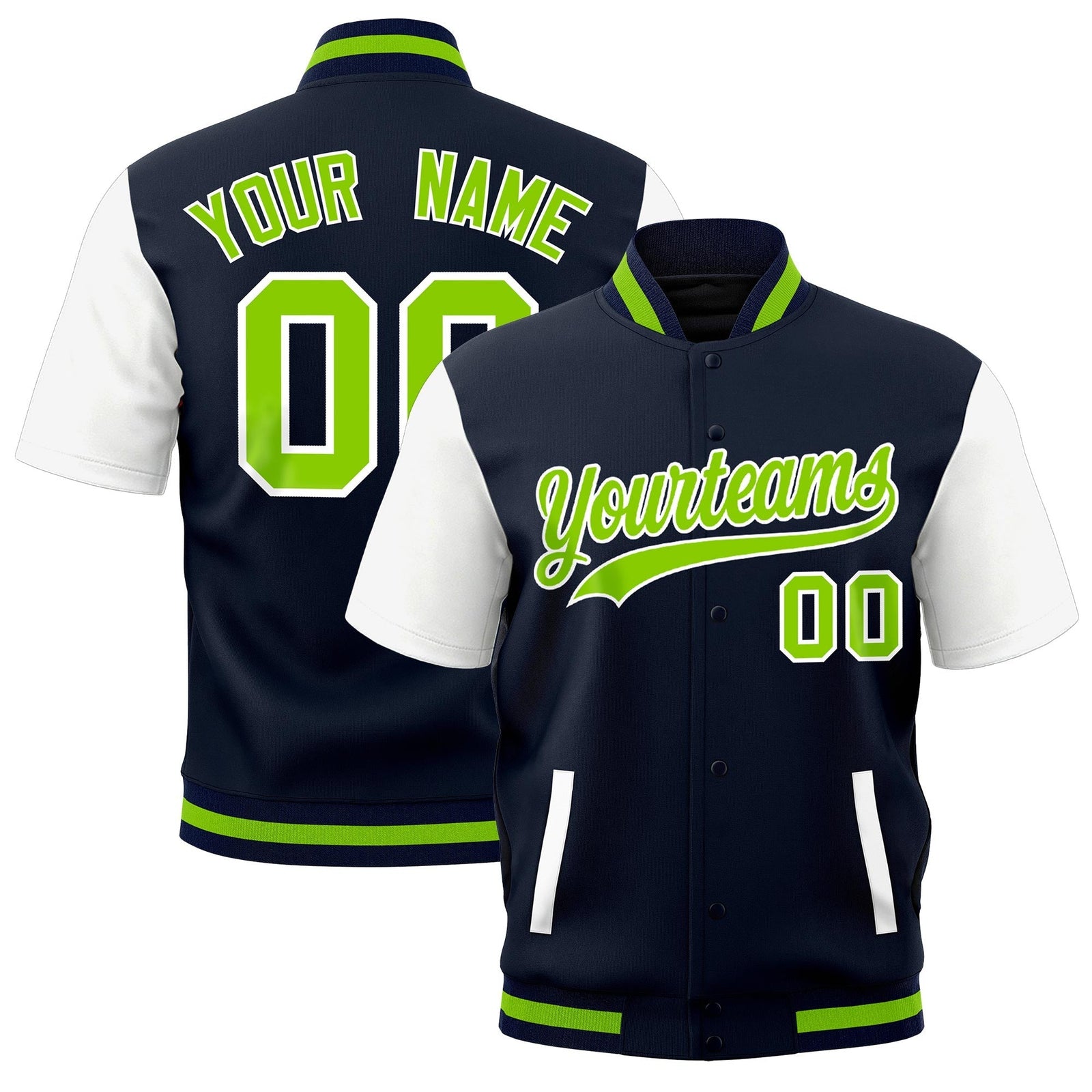 Custom White Navy Neon Green Full-Snap Classic Style Jacket| KXKSHOP