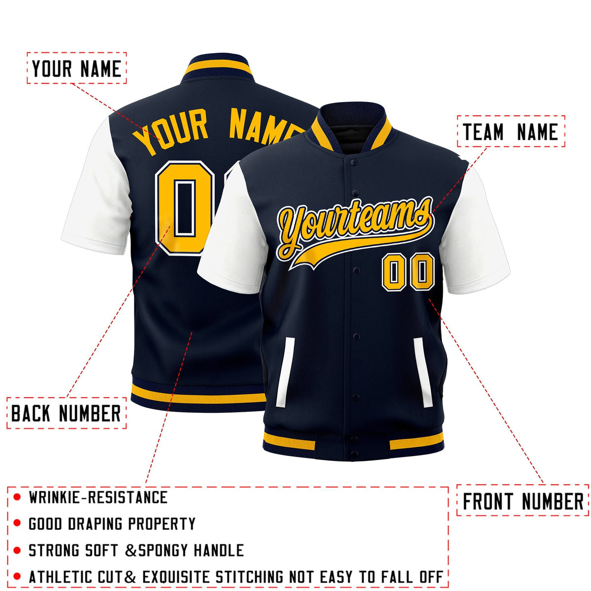 Custom White Navy Gold Full-Snap Classic Style Jacket| KXKSHOP