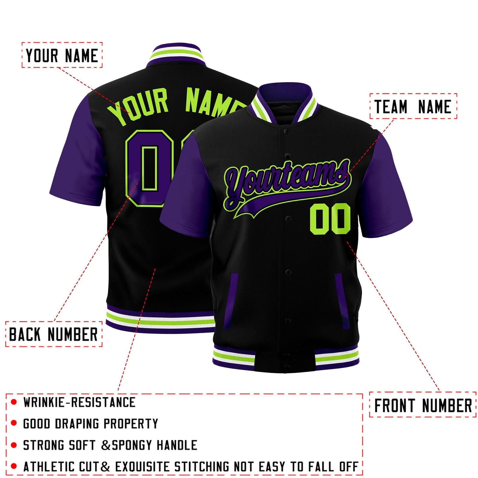 Custom Purple White Neon Green Full-Snap Classic Style Jacket| KXKSHOP