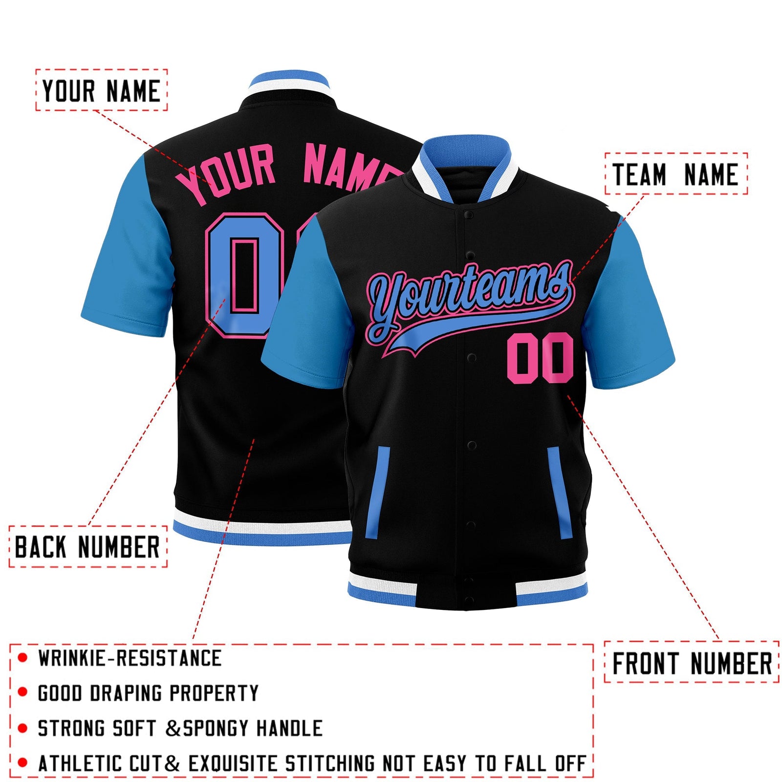 Custom Powder Blue Black White Full-Snap Classic Style Jacket| KXKSHOP
