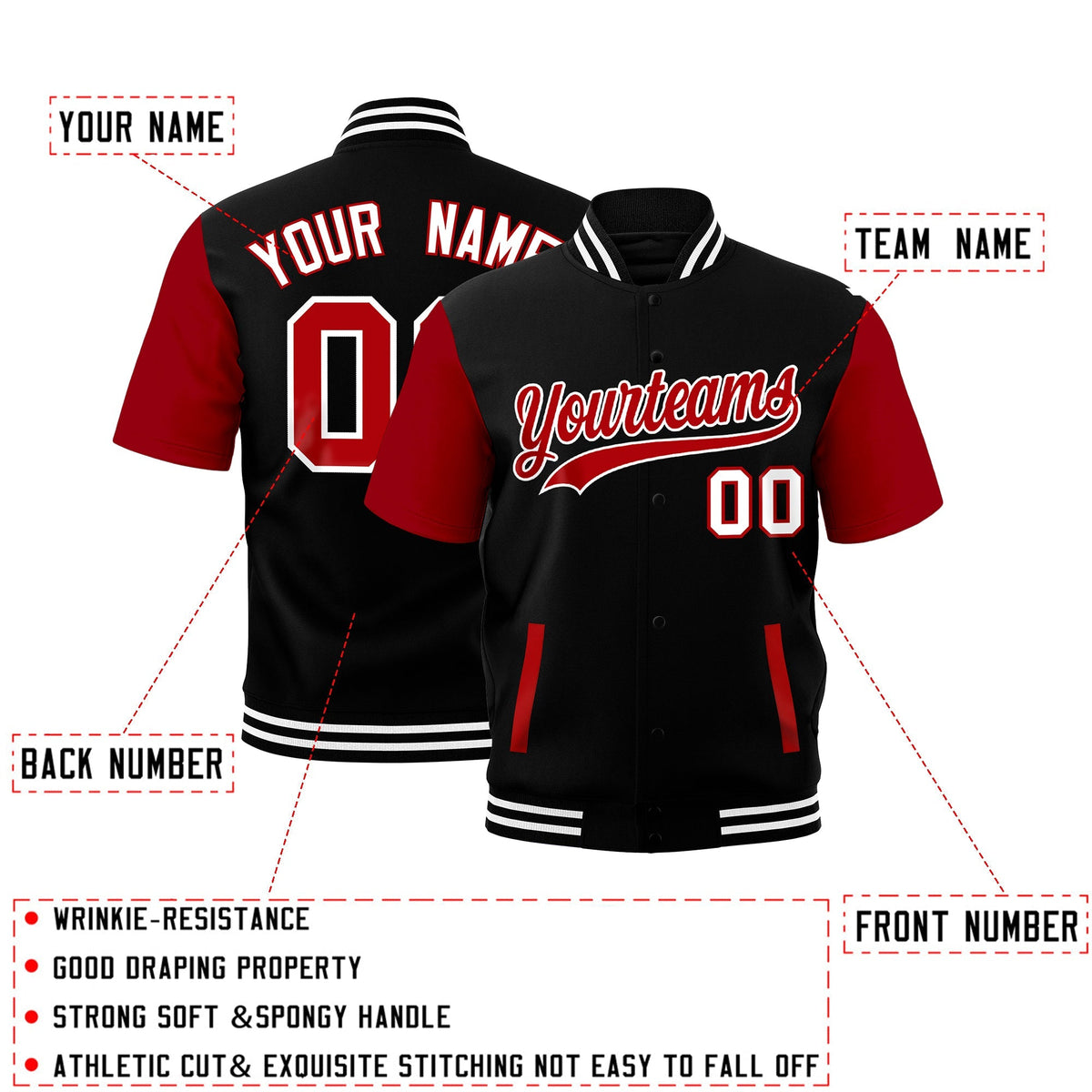 Custom Red Black White Full-Snap Classic Style Jacket| KXKSHOP