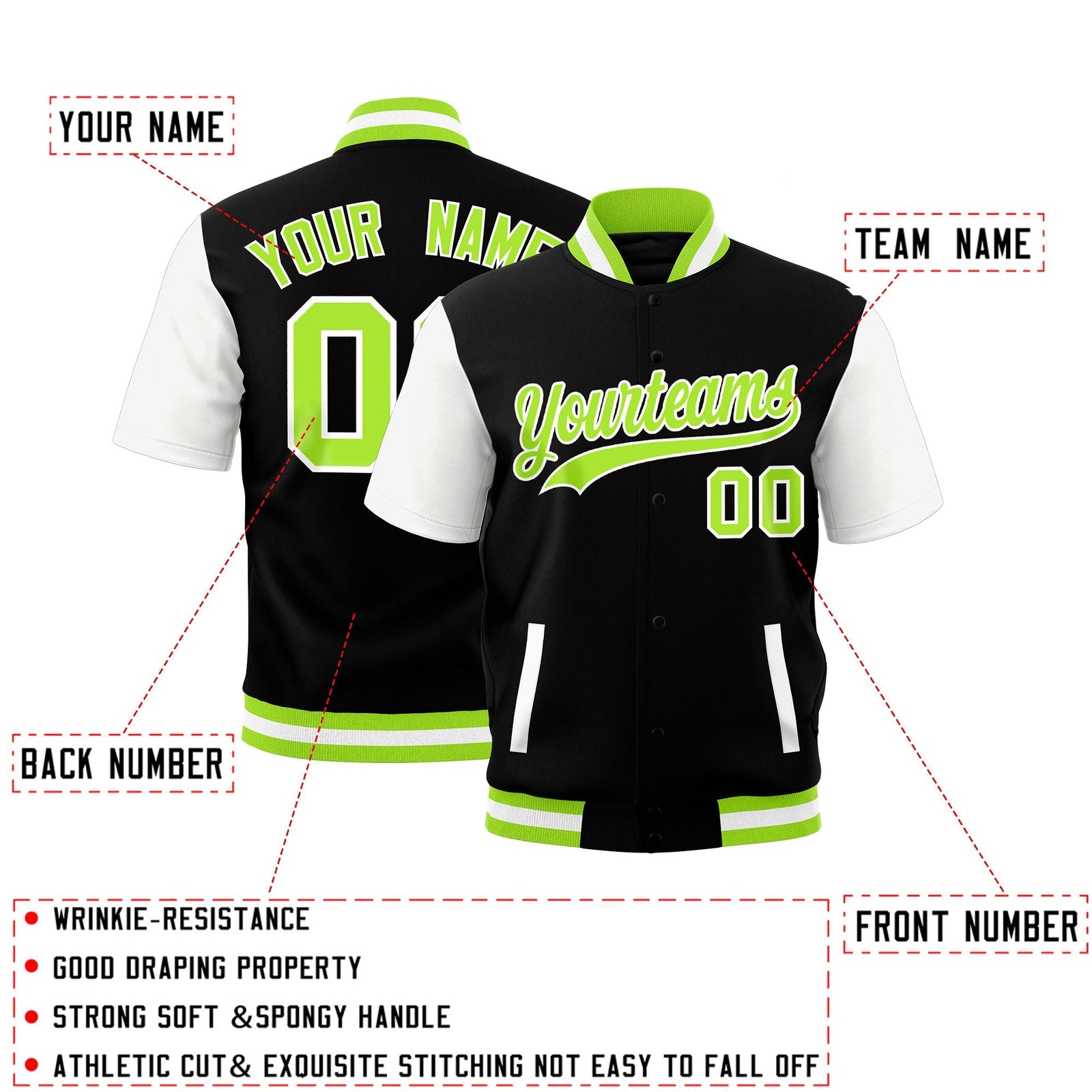 Custom White Neon Green Full-Snap Classic Style Jacket| KXKSHOP