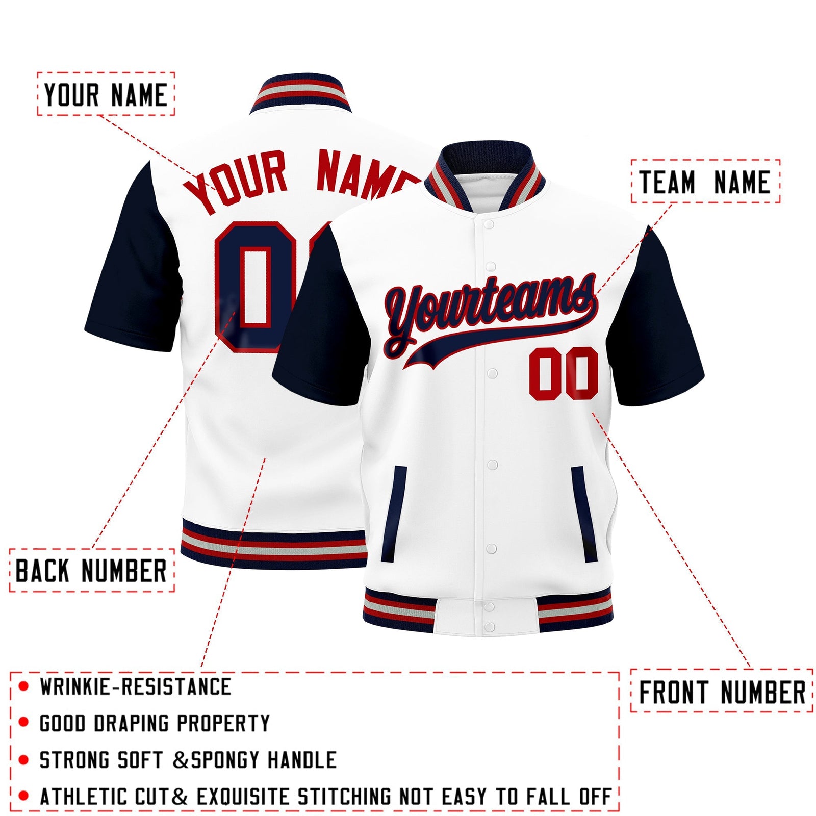 Custom Navy Red Silver Full-Snap Classic Style Jacket| KXKSHOP