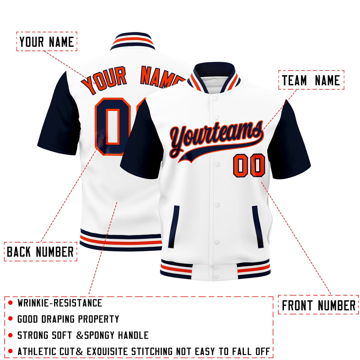 Custom Navy White Orange Full-Snap Classic Style Jacket| KXKSHOP