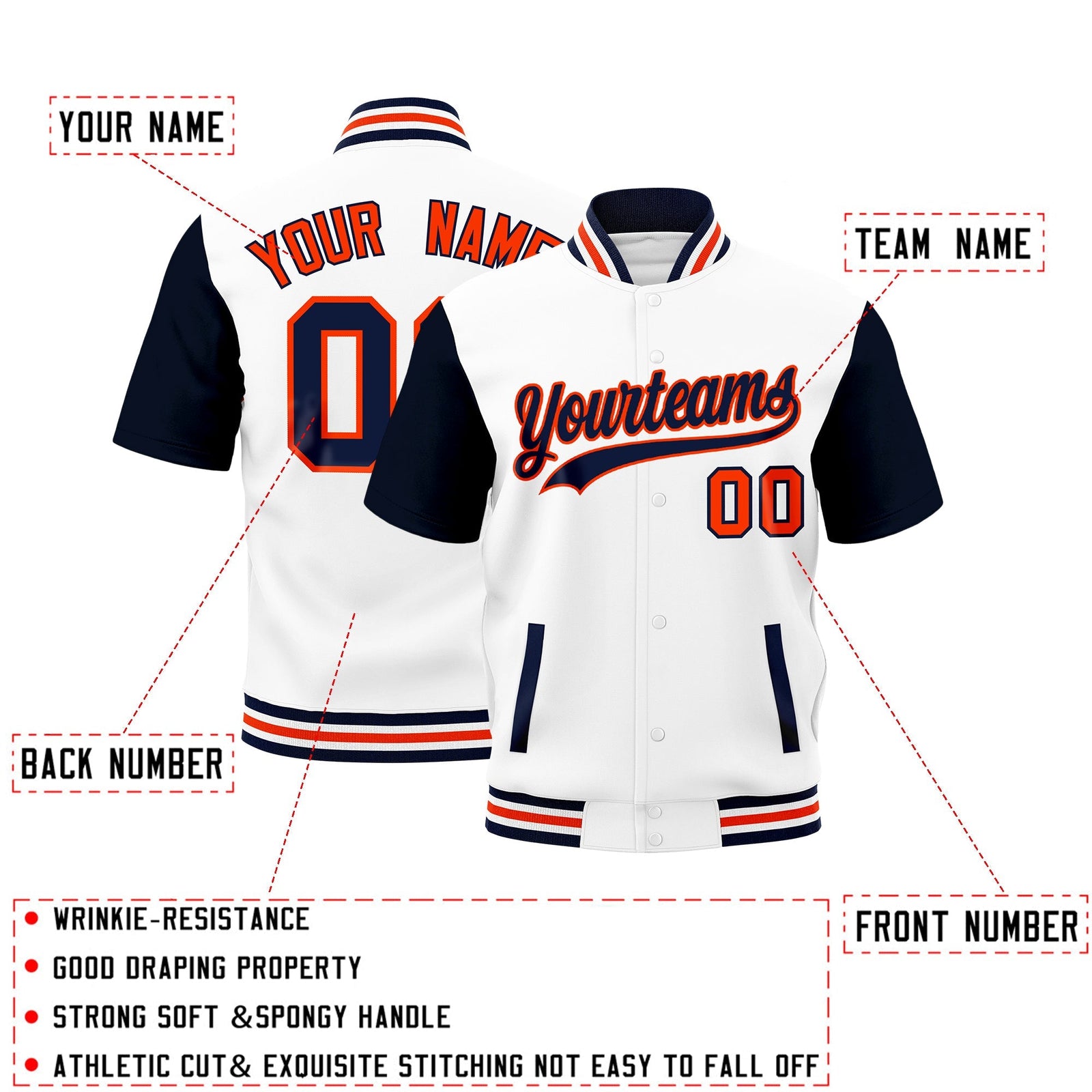 Custom Navy White Orange Full-Snap Classic Style Jacket| KXKSHOP