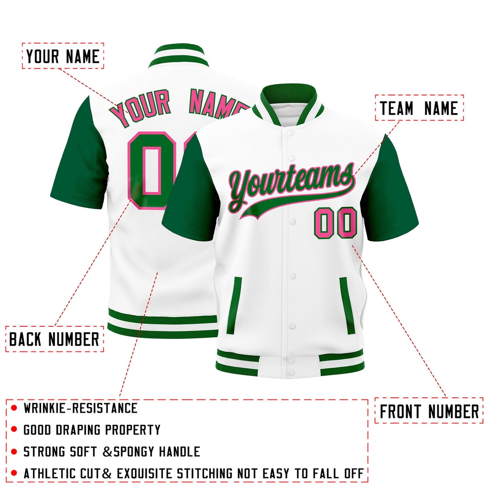Custom Kelly Green White Full-Snap Classic Style Jacket| KXKSHOP