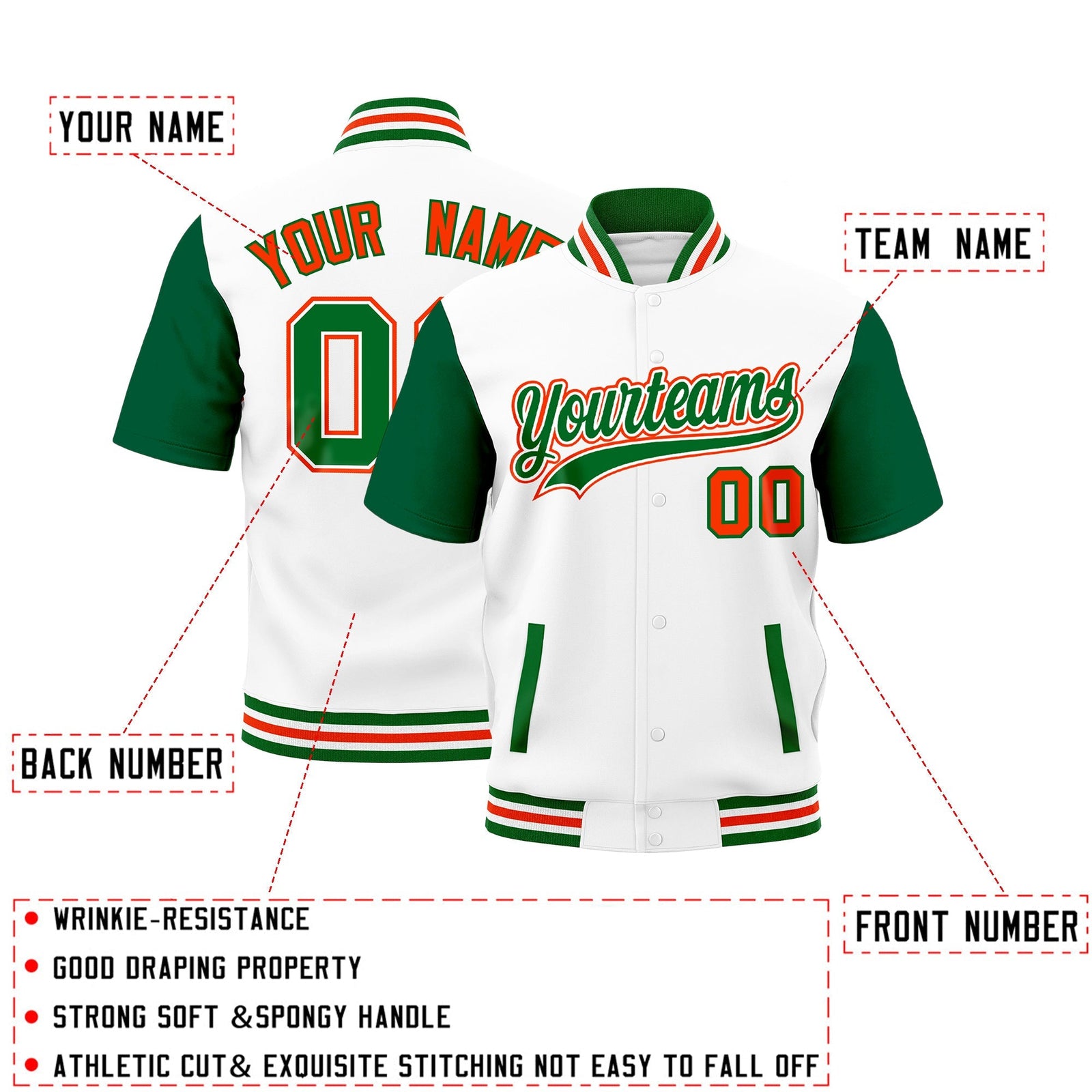 Custom Kelly Green White Orange Full-Snap Classic Style Jacket| KXKSHOP