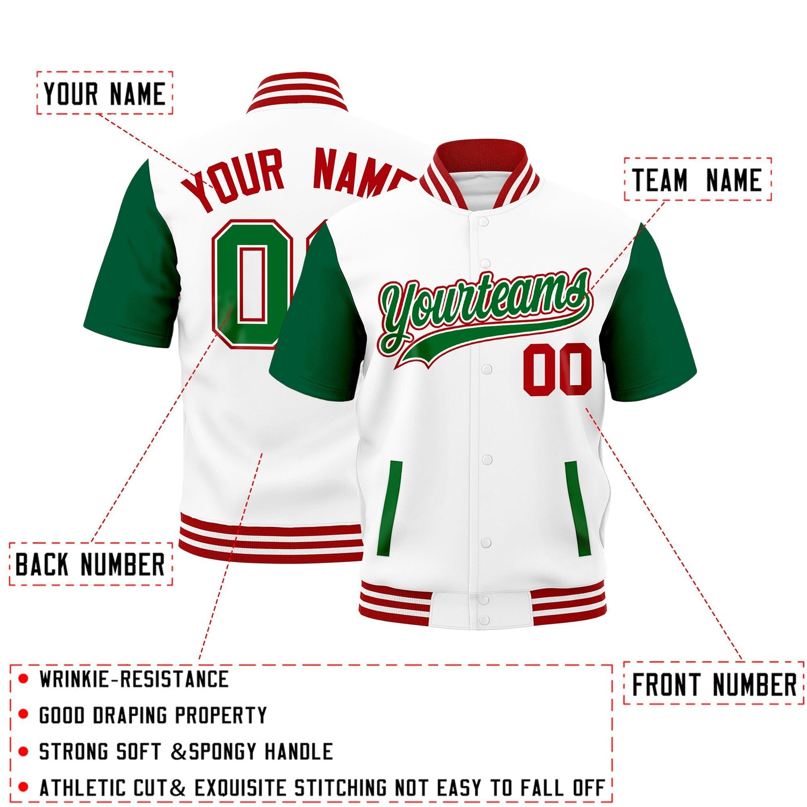 Custom Kelly Green Red White Full-Snap Classic Style Jacket| KXKSHOP