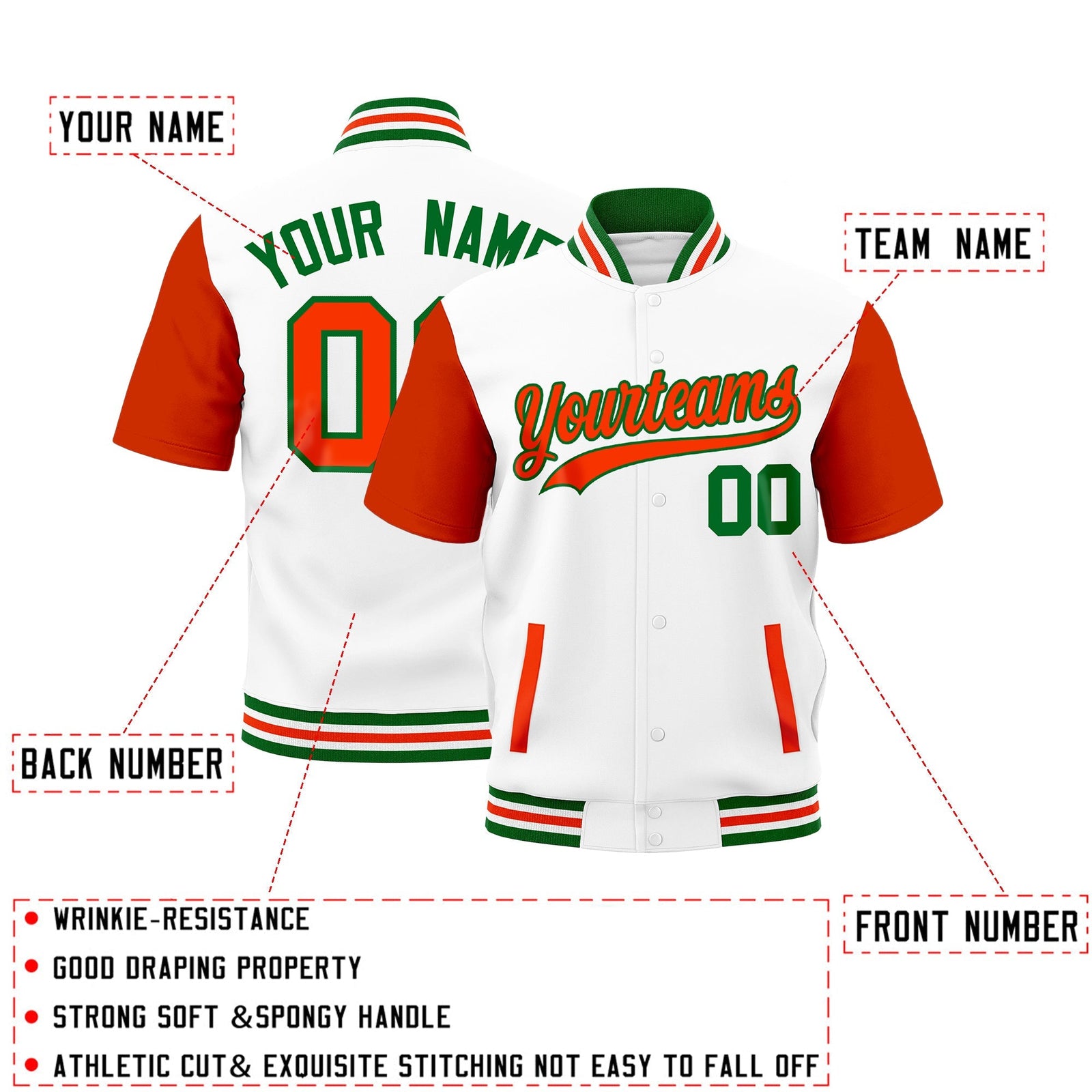 Custom Orange Kelly Green White Full-Snap Classic Style Jacket| KXKSHOP