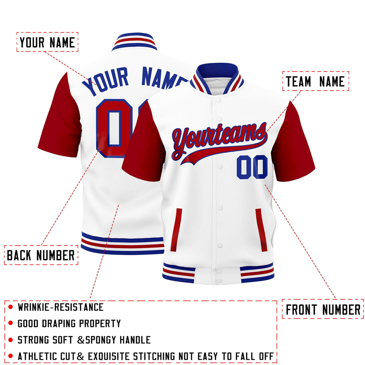 Custom Red Royal Blue White Full-Snap Classic Style Jacket| KXKSHOP
