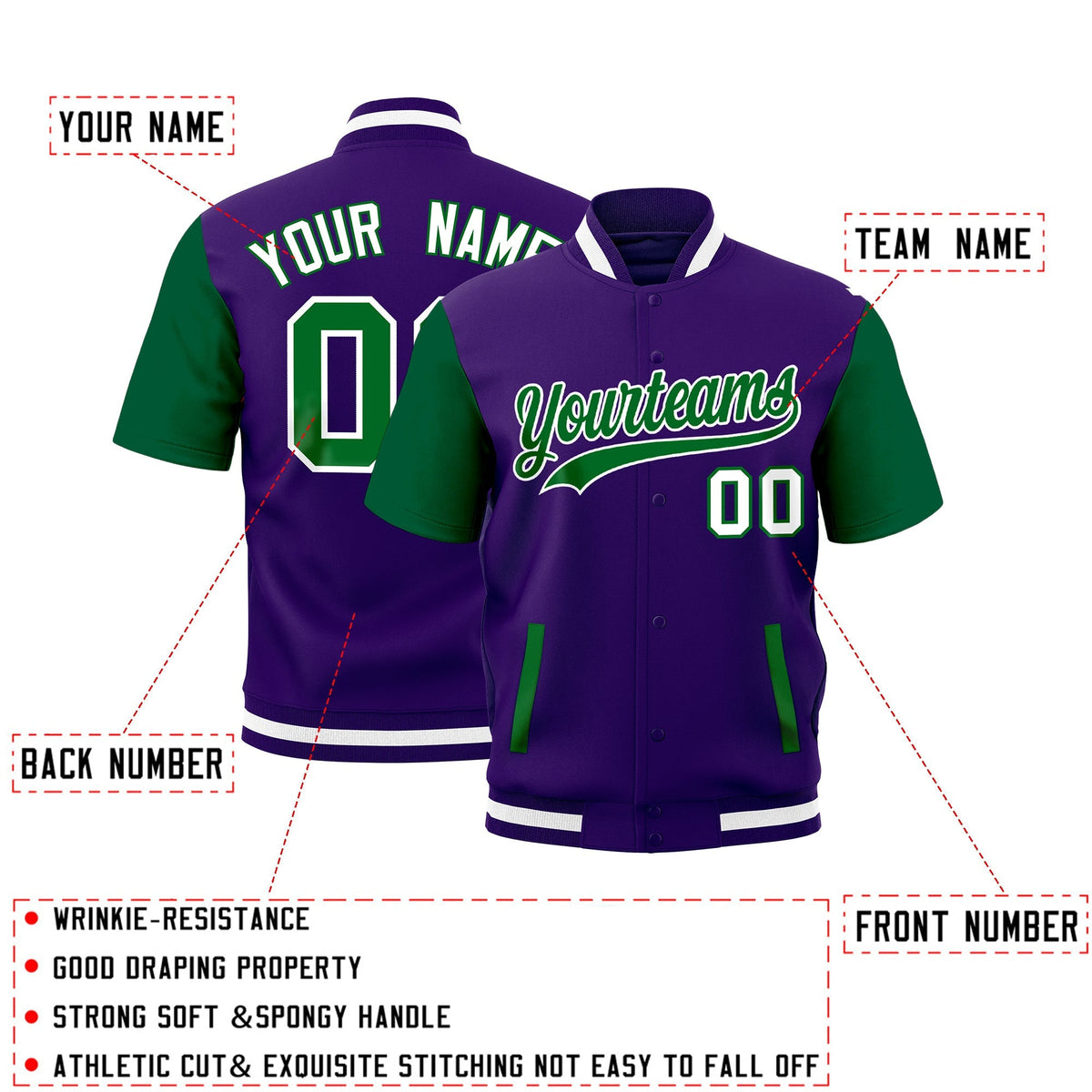 Custom Kelly Green Purple White Full-Snap Classic Style Jacket| KXKSHOP