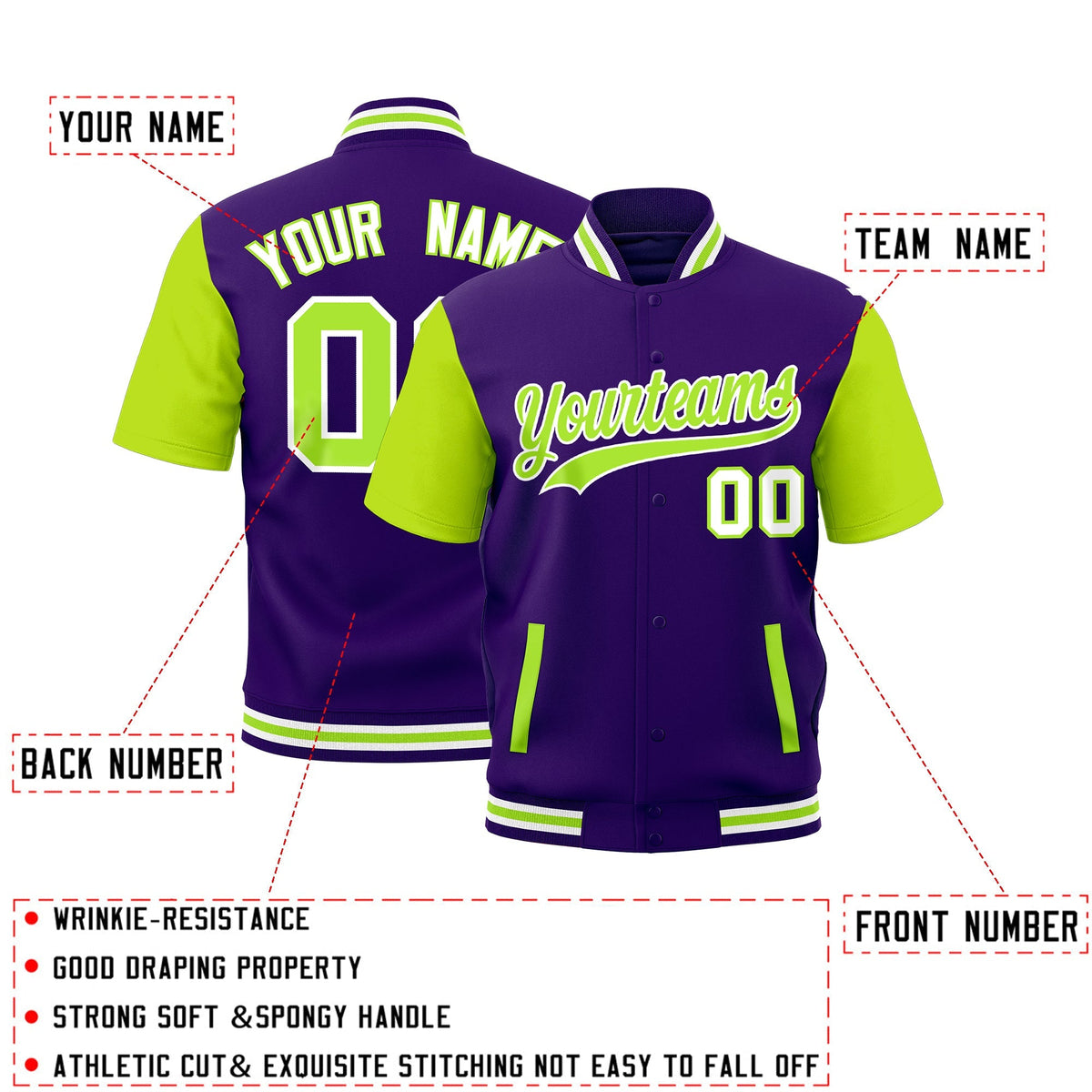 Custom Neon Green Purple White Full-Snap Classic Style Jacket| KXKSHOP