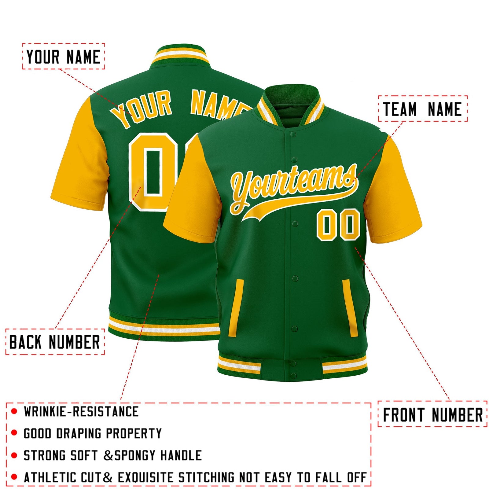 Custom Gold Kelly Green White Full-Snap Classic Style Jacket| KXKSHOP