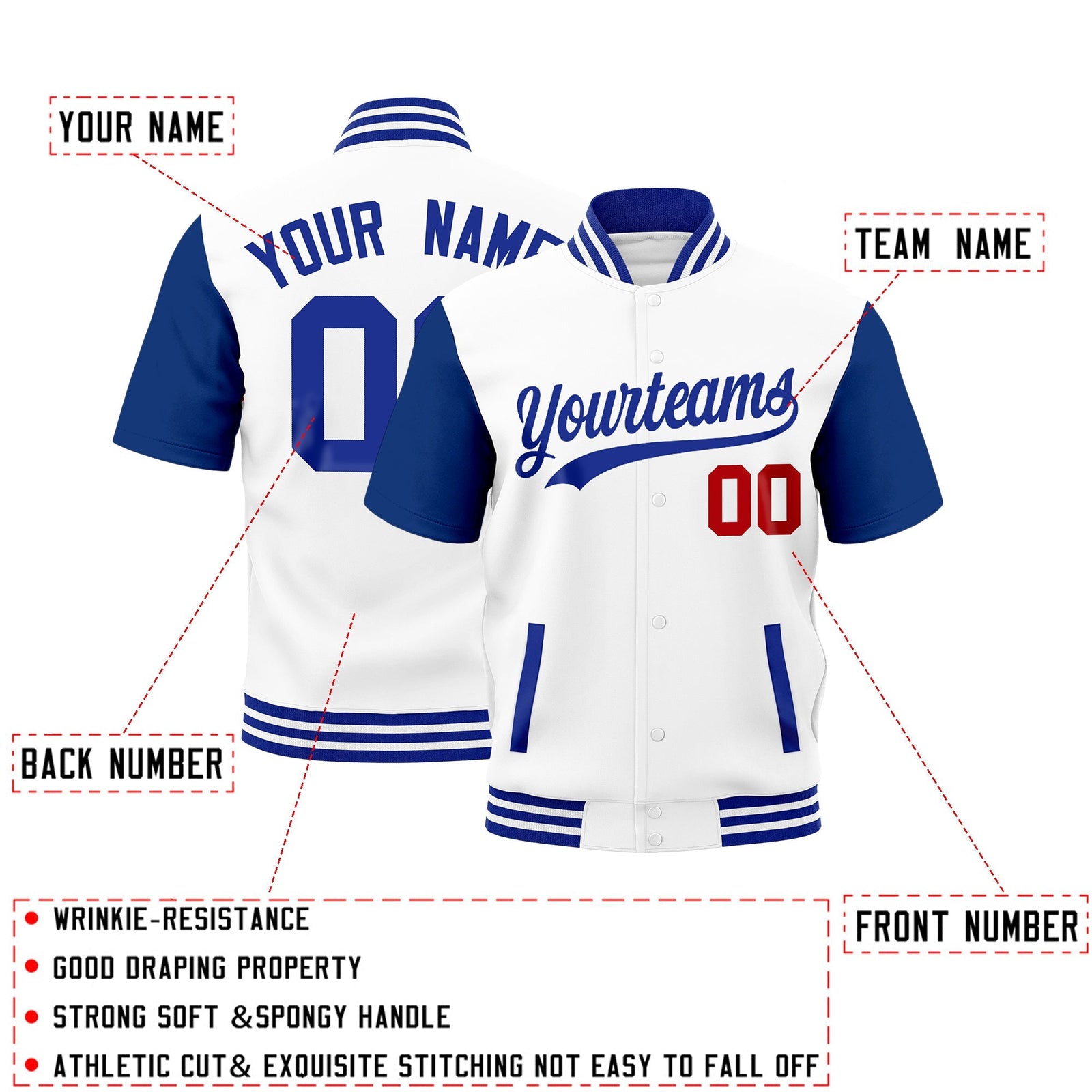 Custom Royal Blue White Full-Snap Classic Style Jacket| KXKSHOP