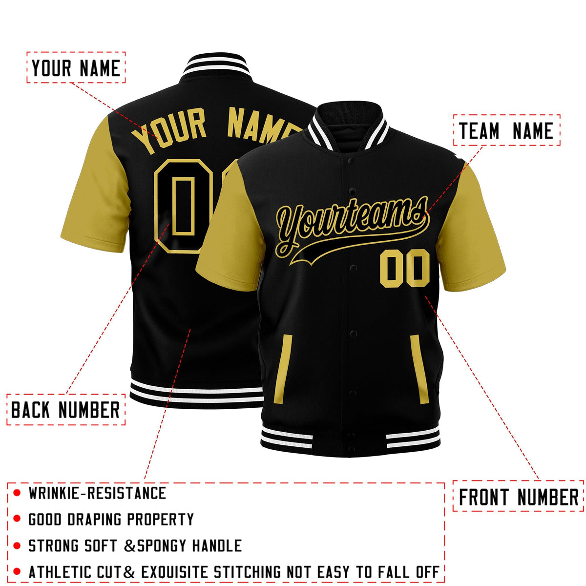 Custom Old Gold Black White Full-Snap Classic Style Jacket| KXKSHOP