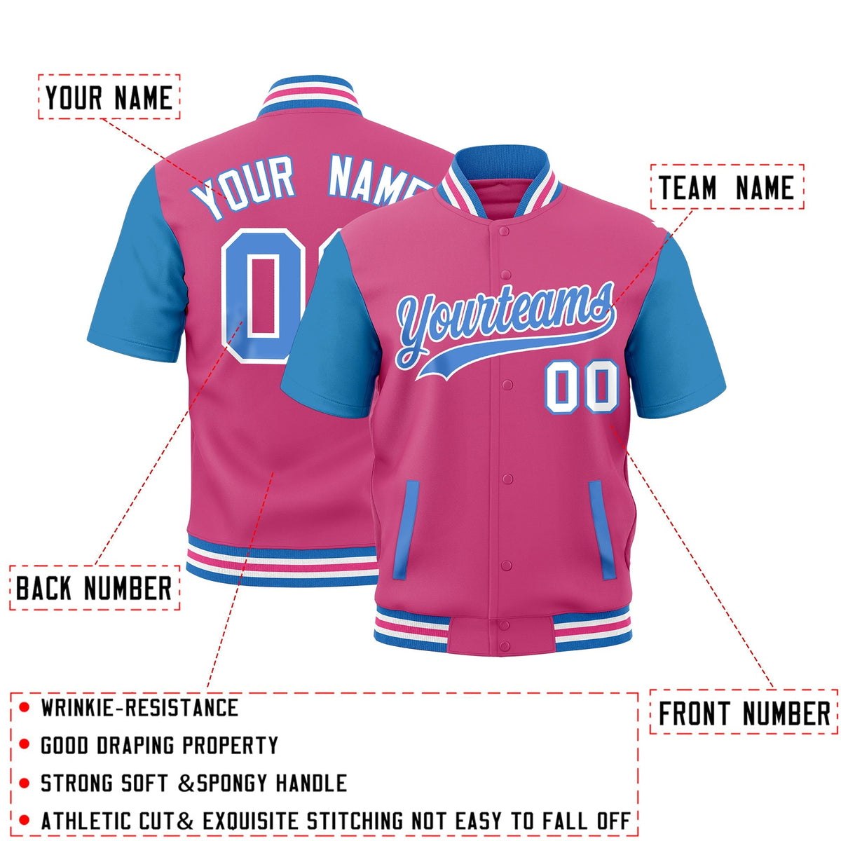 Custom Powder Blue White Pink Full-Snap Classic Style Jacket| KXKSHOP