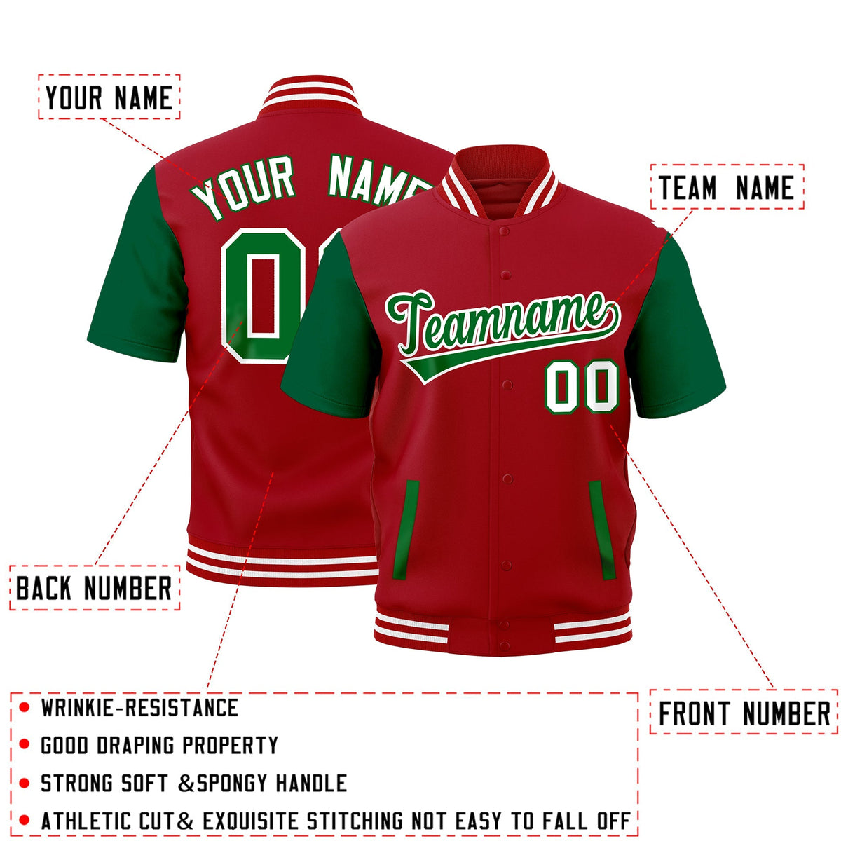 Custom Kelly Green Red Full-Snap Classic Style Jacket| KXKSHOP