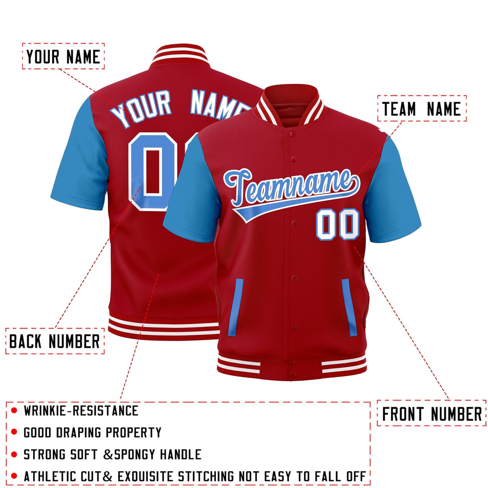 Custom Powder Blue Red Full-Snap Classic Style Jacket| KXKSHOP