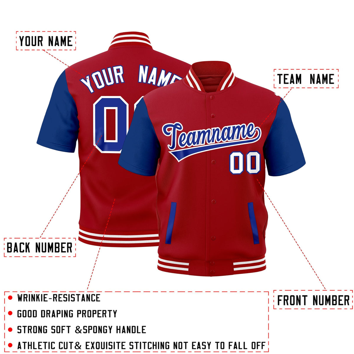 Custom Royal Blue Red White Full-Snap Classic Style Jacket| KXKSHOP