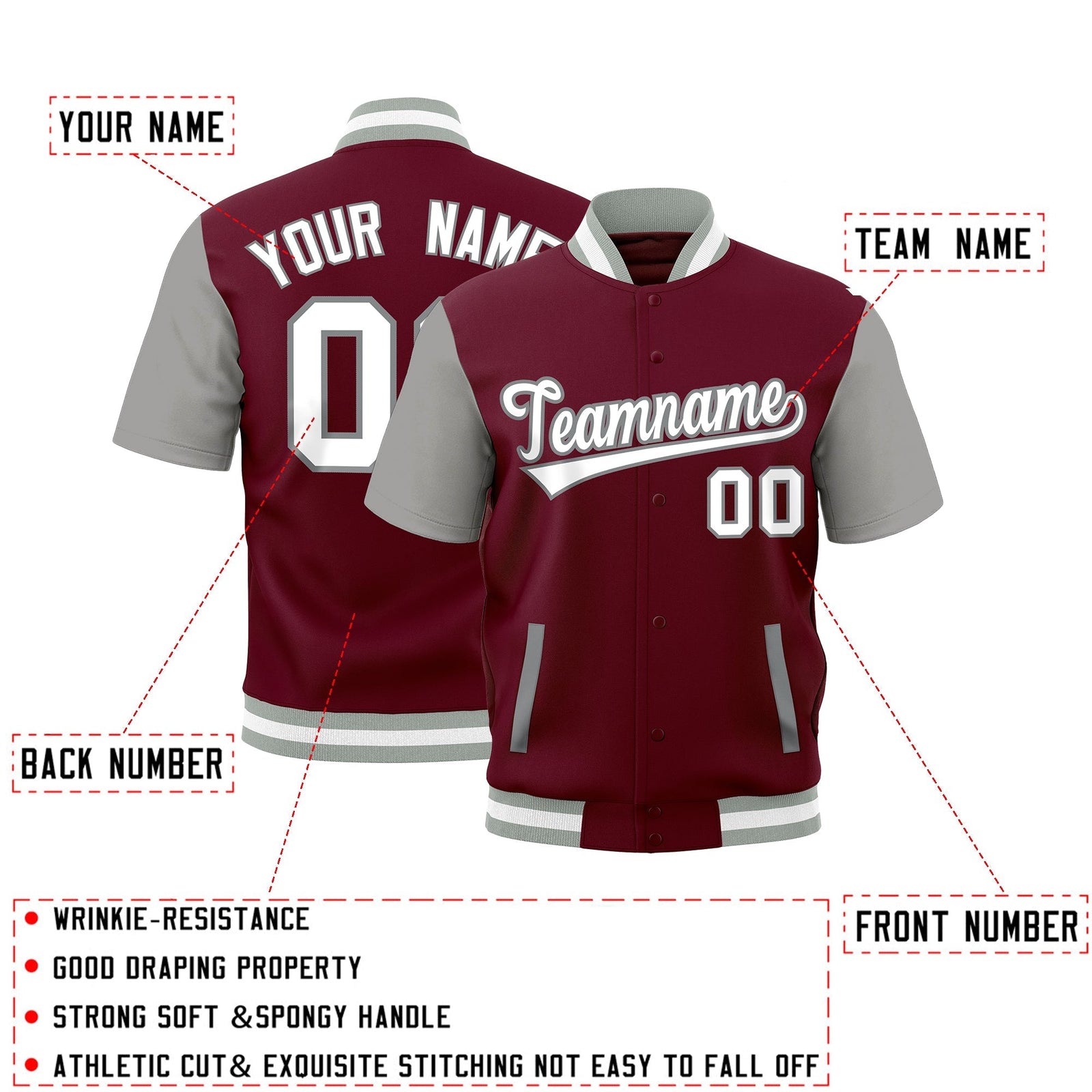 Custom Crimson Gray White Full-Snap Classic Style Jacket| KXKSHOP