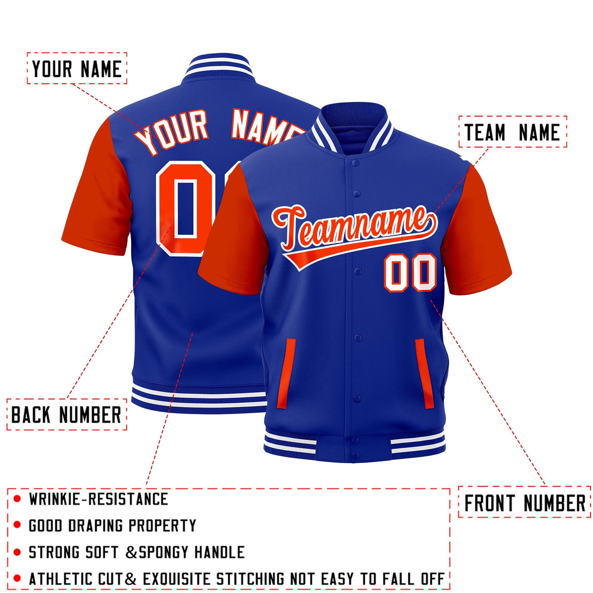 Custom Orange Royal Blue White Full-Snap Classic Style Jacket| KXKSHOP