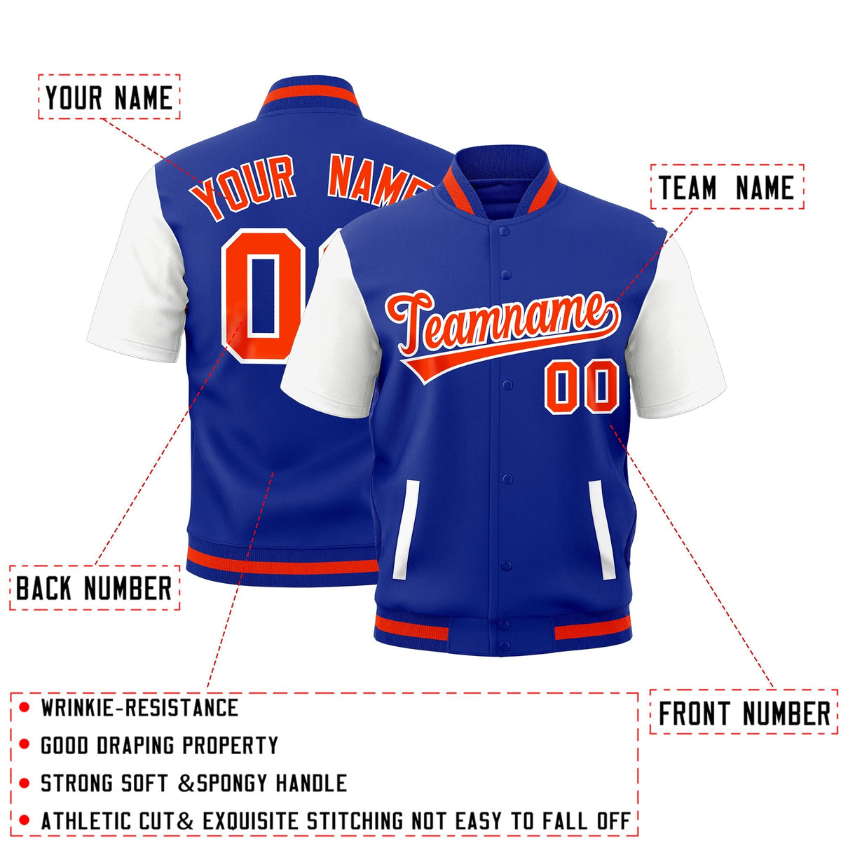 Custom White Royal Blue Orange Full-Snap Classic Style Jacket| KXKSHOP
