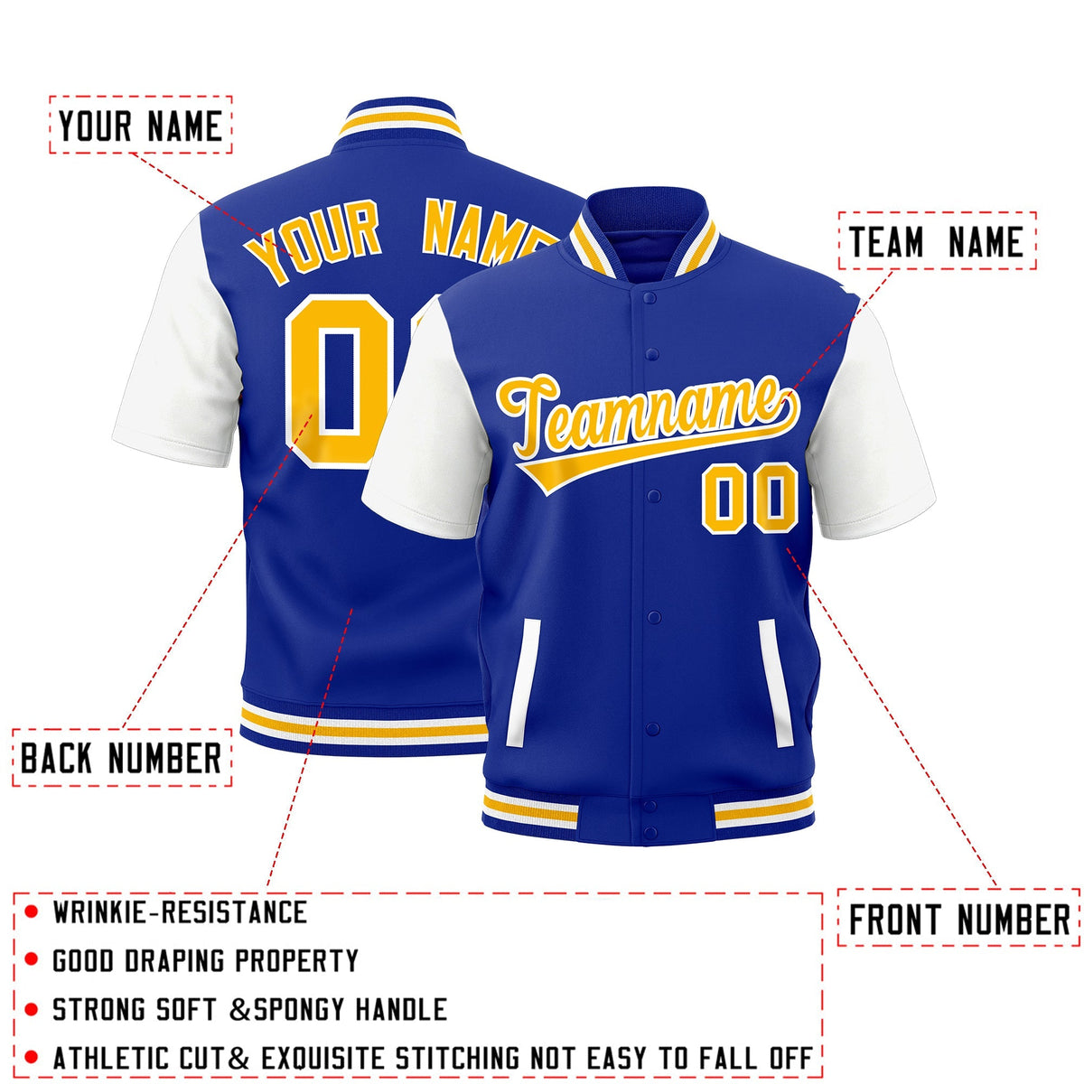 Custom White Royal Blue Gold Full-Snap Classic Style Jacket| KXKSHOP