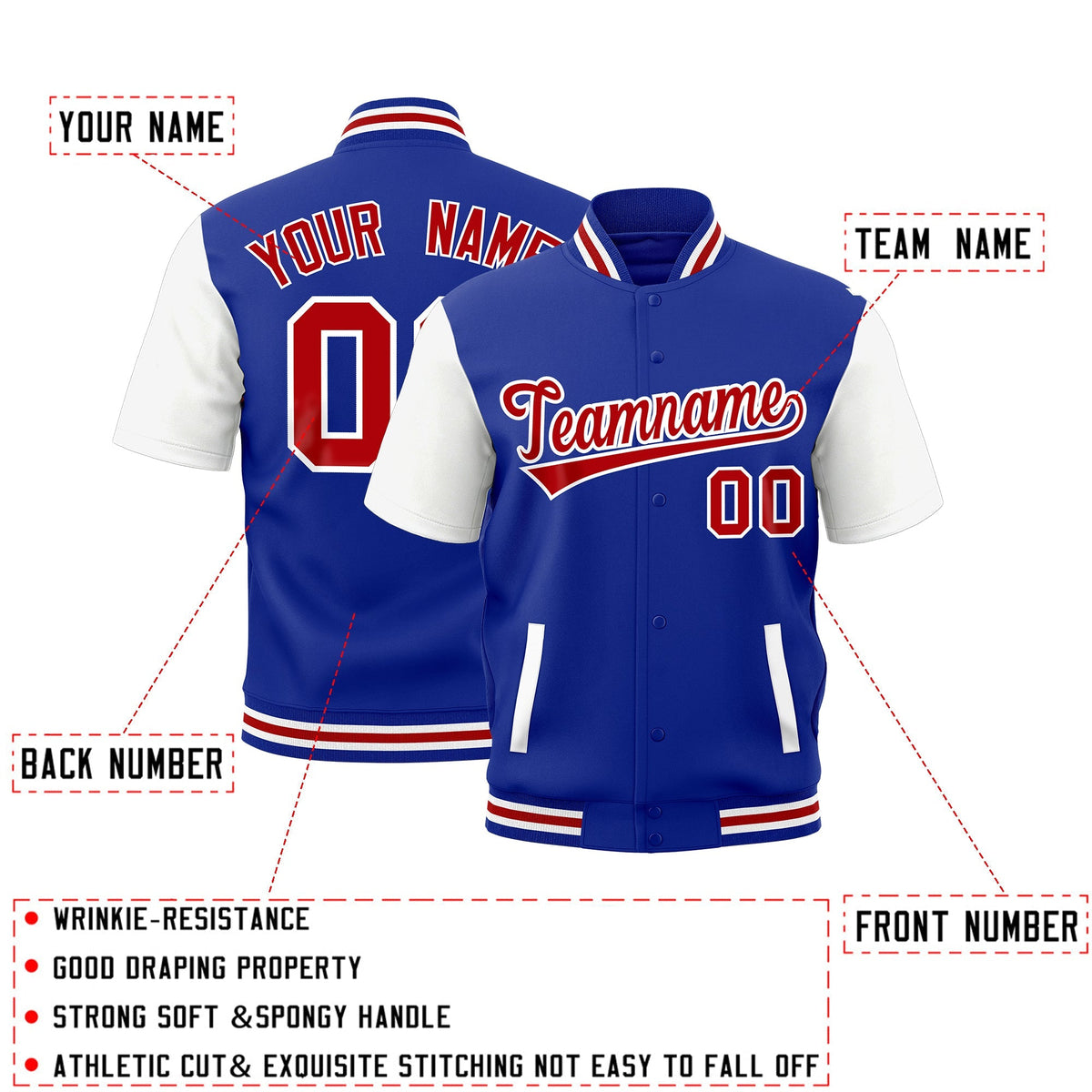 Custom White Royal Blue Red Full-Snap Classic Style Jacket| KXKSHOP